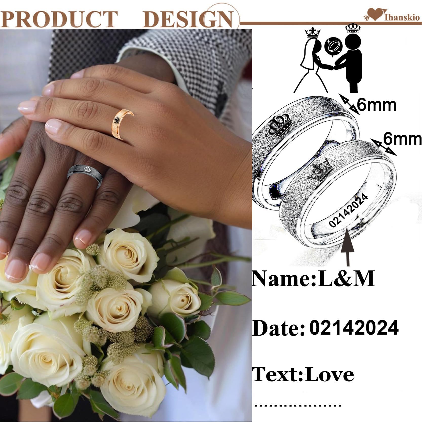 Bagues de Couple Couronne Givrée Personnalisées À l'intérieur du Texte Bagues de Promesse Gravées pour Lui et Ses Bandes de Paire Personnalisées pour Fiançailles