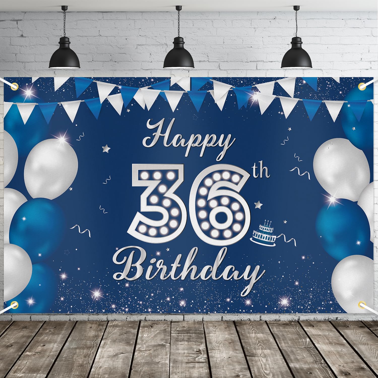 JOYKY Happy 36th Birthday Banner, Blue Silver Happy 36th Birthday Party Decorations for Men, 36 Year Old Birthday Supplies Backdrop Décor, 5.9 X 3.8
