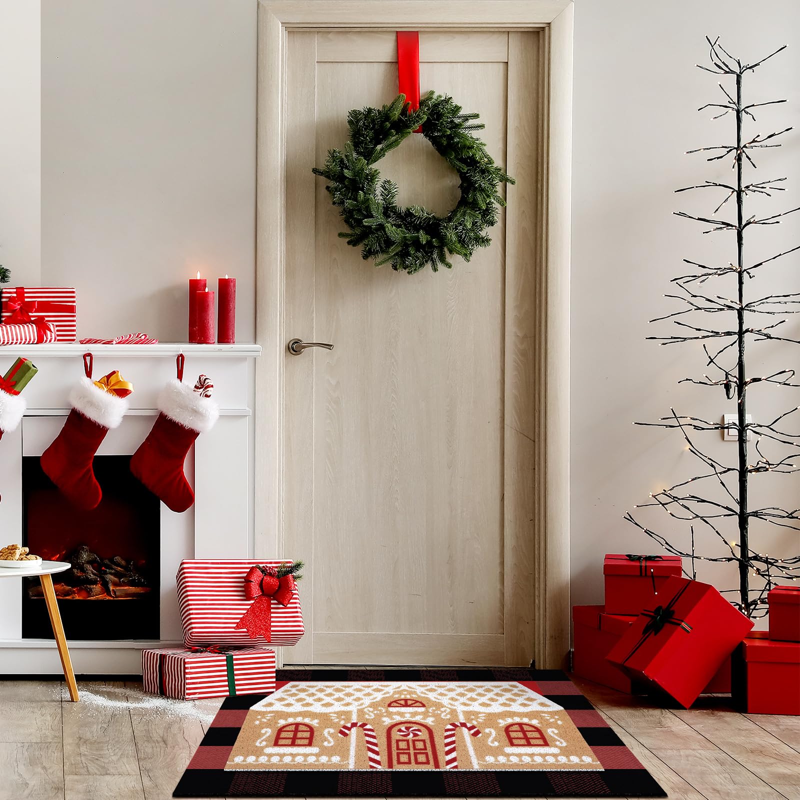Tinideya Fußmatte mit Aufschrift "Merry Christmas", rutschfest, Motiv Lebkuchenhaus, Dorf, bunt, Weihnachtsmotiv, Büffelkariert, gestreift, für Eingangsbereich, Lebkuchenhaus, 2 Stück