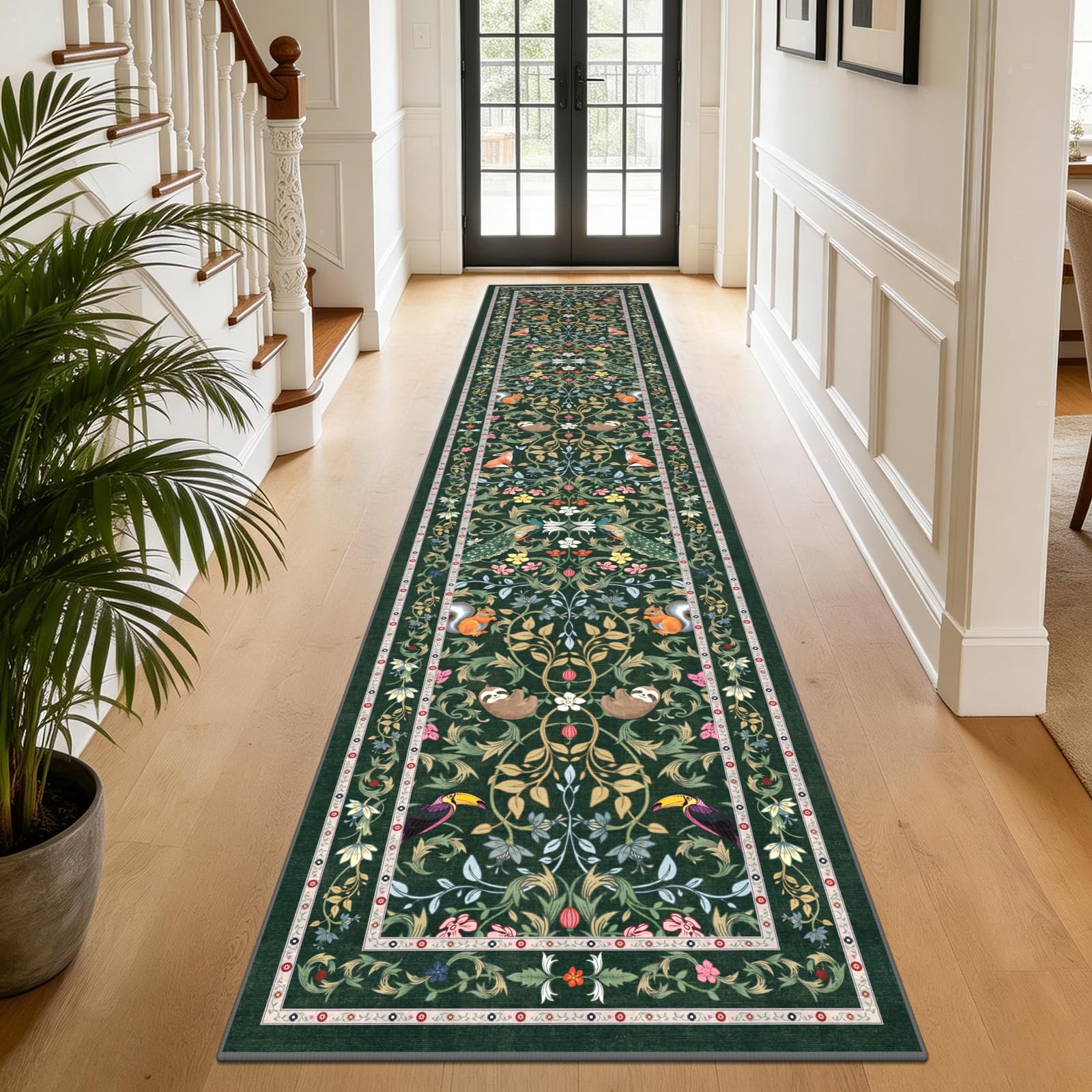 TUKDAK Runner Rugs for Hallway Non Slip 60x300cm, Green Animal Washable Kitchen Carpet Runner, Boho Forest Floral Long Hall Rug for Entryway Bedroom Laundry Living Room, Low Pile Non Shedding