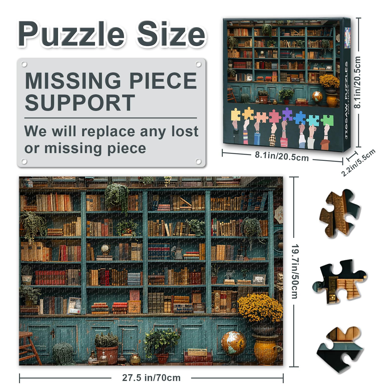 Jigsaw Puzzles 1000 Pieces for Adults,Blue Bookcase Filled with Numerous Books Jigsaw Puzzle Challenge Impossible Gift for Books Lovers - Image 3