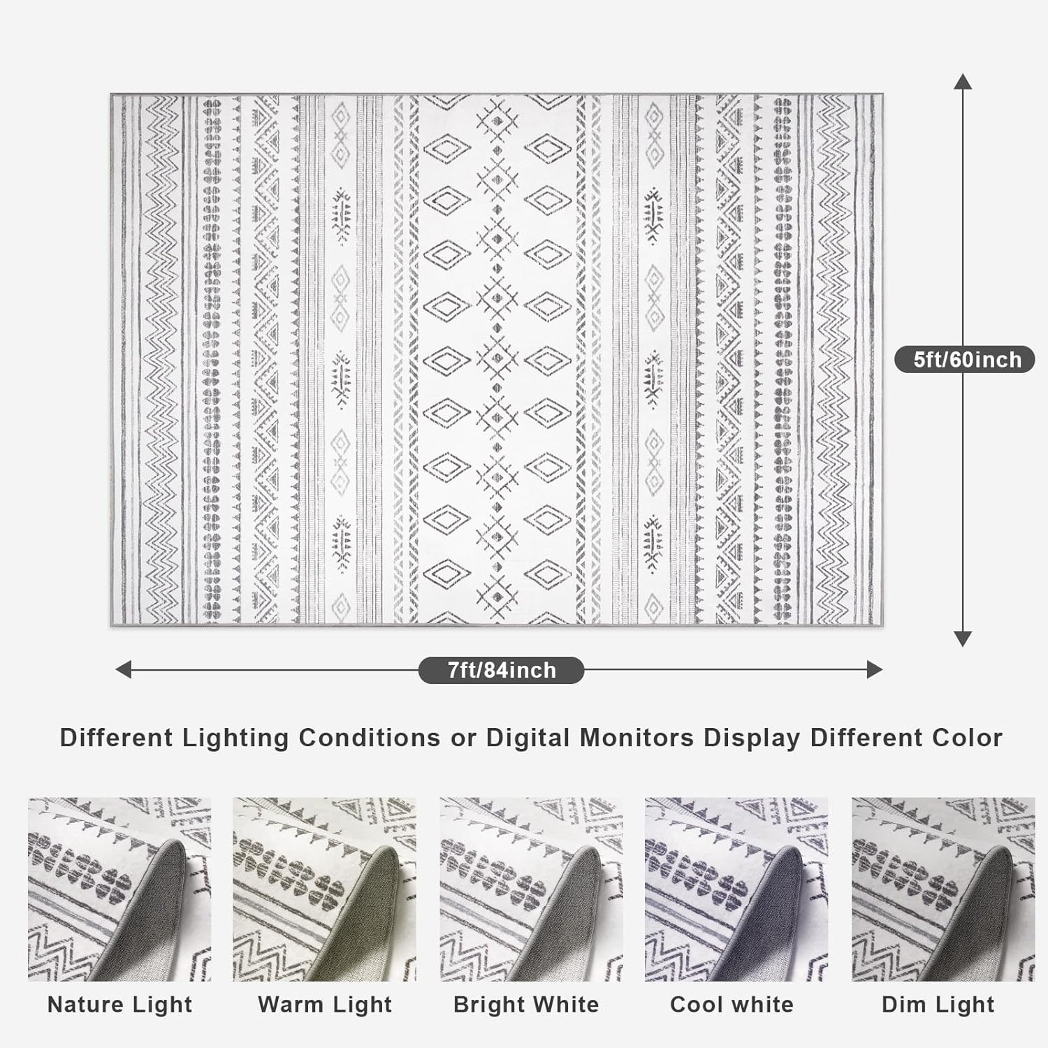 Terrug Boho Area Rug for Living Room, Grey 5x7 Washable Rugs with Non Slip Backing for Bedroom, Soft Geomtric Stain Resistant Moroccan Carpet for Dining Room Floor Decor - Image 2