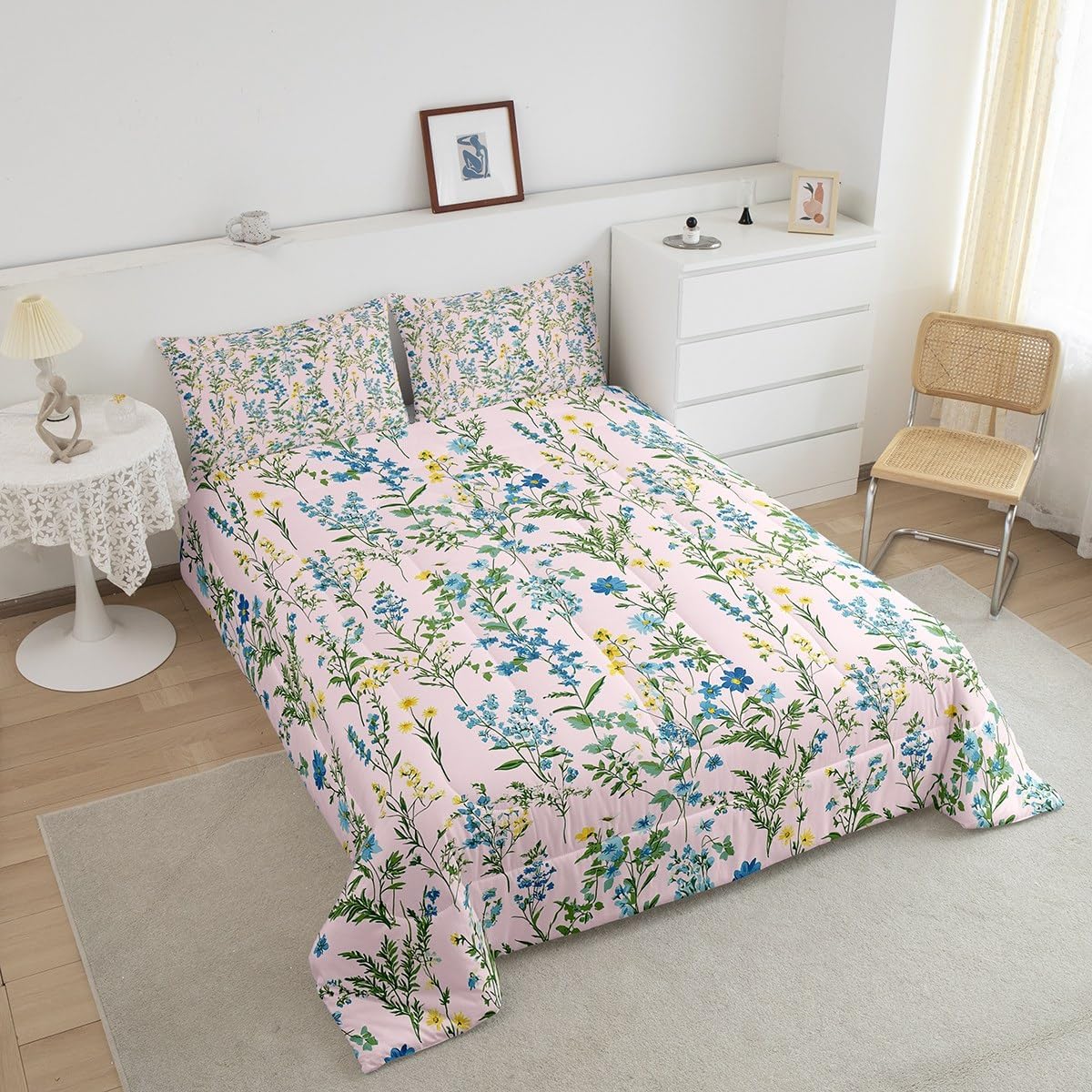 Erosebridal Spring Flower Queen Comforter Set, Beautiful Floral Bedding Set Stylish Botanical Leaves Quilt for Kids Girls Women Adult, Modern Minimalist Duvet Insert Rustic Farmhouse Decor, Pink