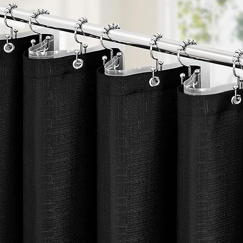 Miniatura 14 de MitoVilla Juego de cortina de ducha 3 en 1, cortina de baño de lino texturizado estilo bohemio blanco de granja y forro transparente de PEVA con 12