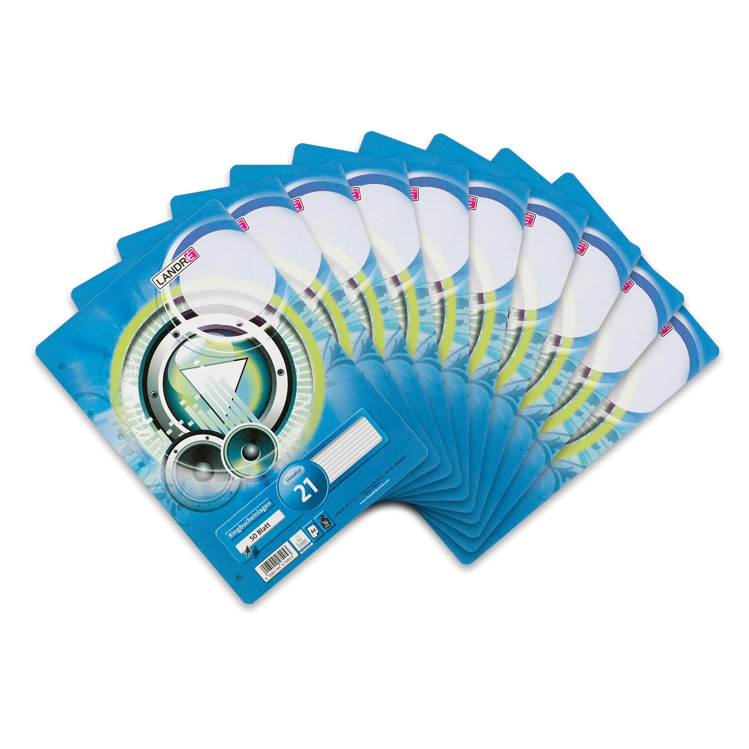 Landré Wkłady do segregatora A4 w linie, 50 arkuszy papieru w linie 70 g/m², okrągłe narożniki, dziurkowane, 10 sztuk