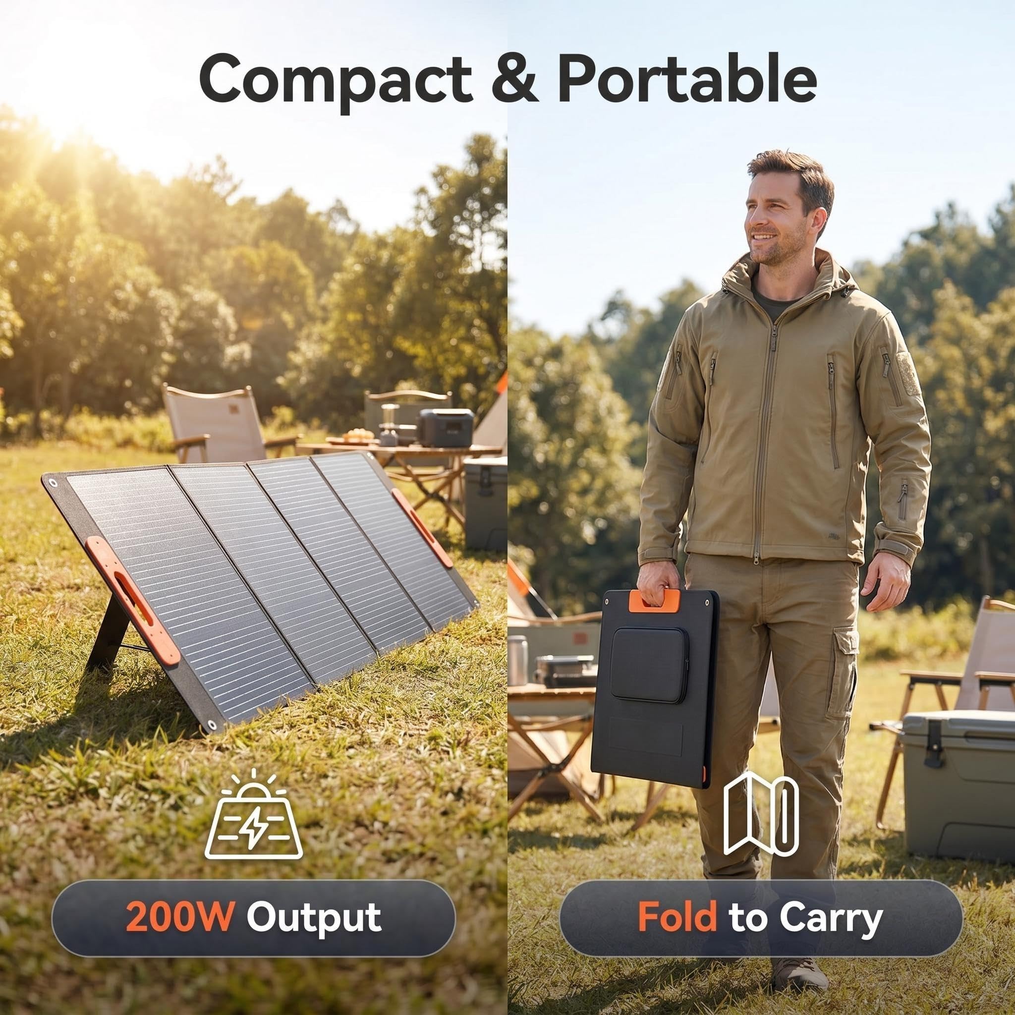 Pannello solare portatile da 200 W, essenziale per campeggio, caricatore solare pieghevole da 200 Watt per centrale elettrica, 23,5% ad alta efficienza, impermeabile IP67, con connettori CC 10 in 1