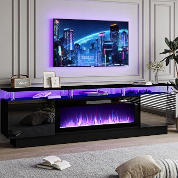 PRETZI 70" Modern Fireplace TV Stand with 36" Electric Fireplace for TVs Up to 80 inch, Luxury LED Light Entertainment Center with High Gloss Cabinet Black, 70" 8 Acrylic Posts
