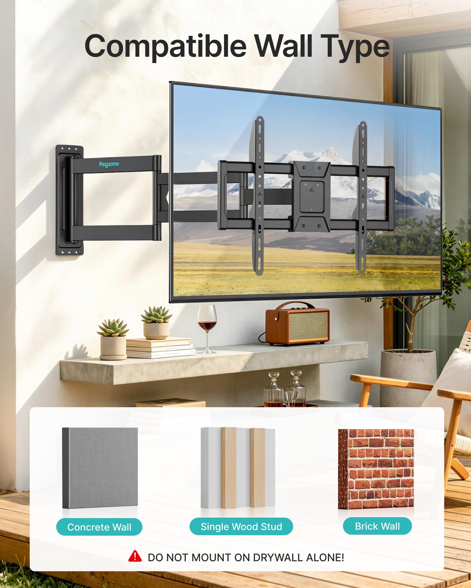 PEGZONE Support TV Mural Bras Long 85-975 mm 37-86", jusqu'à 50 kg | Support mural TV orientable et inclinable, VESA max. 400x400, gestion des câbles, compatible TV LED, LCD et OLED