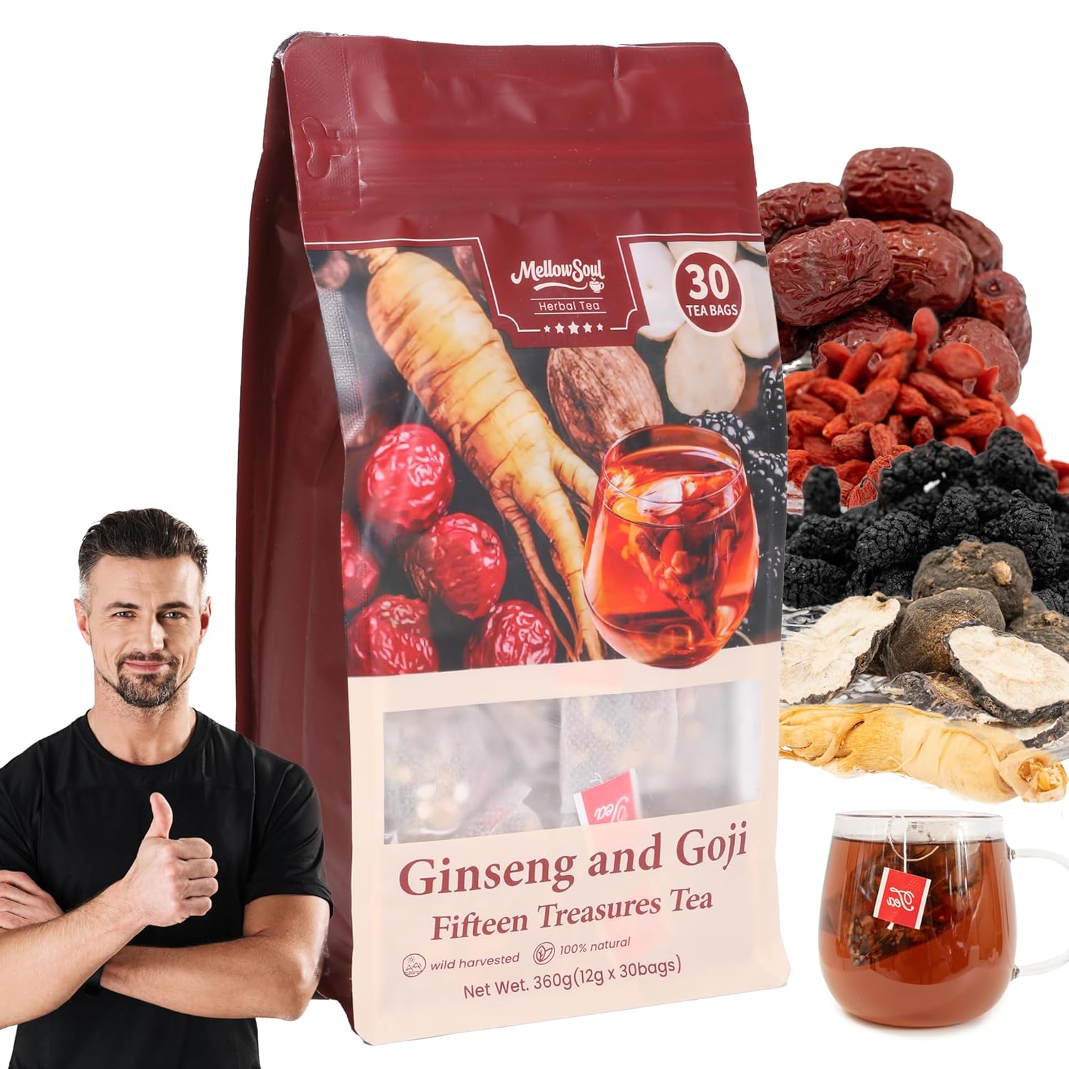 Kidney Tea for Women Men Traditional Chinese Herbal Tea, Biodegradable Tea Bags, Natural Organic Kidney Cleanse Detox Tea Ginseng Caffeine-Free Detox Support Wellness & Vitality Support(1 Pack/30 Bags) (Fifteen Treasues)