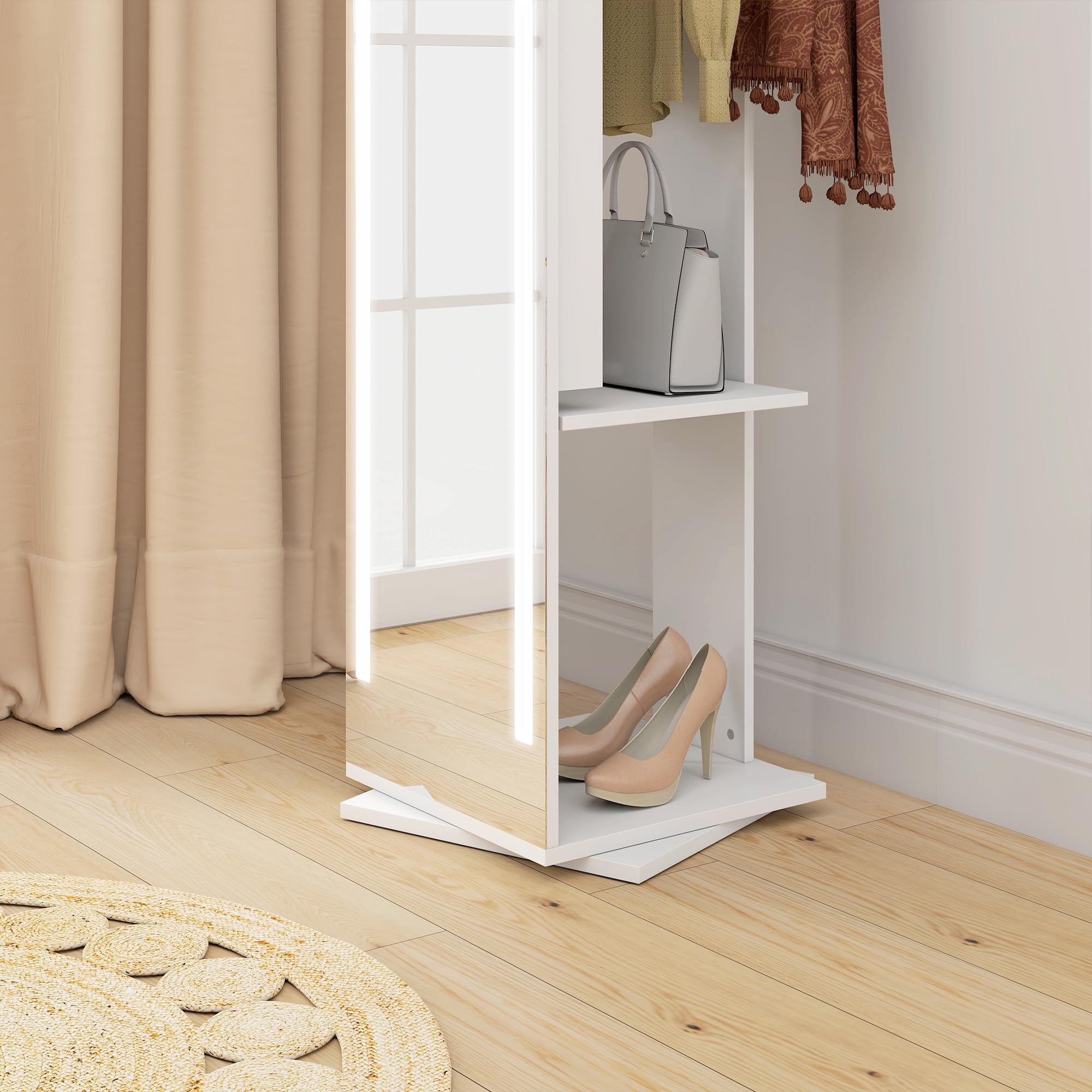HOMCOM Espejo Joyero con Luces LED, Armario Joyero con Espejo de Cuerpo Entero sin Marco, Armario para Joyas Giratorio 360° con Estantes Abiertos, Perchero y Barras para Colgar, Blanco y Forro Beige