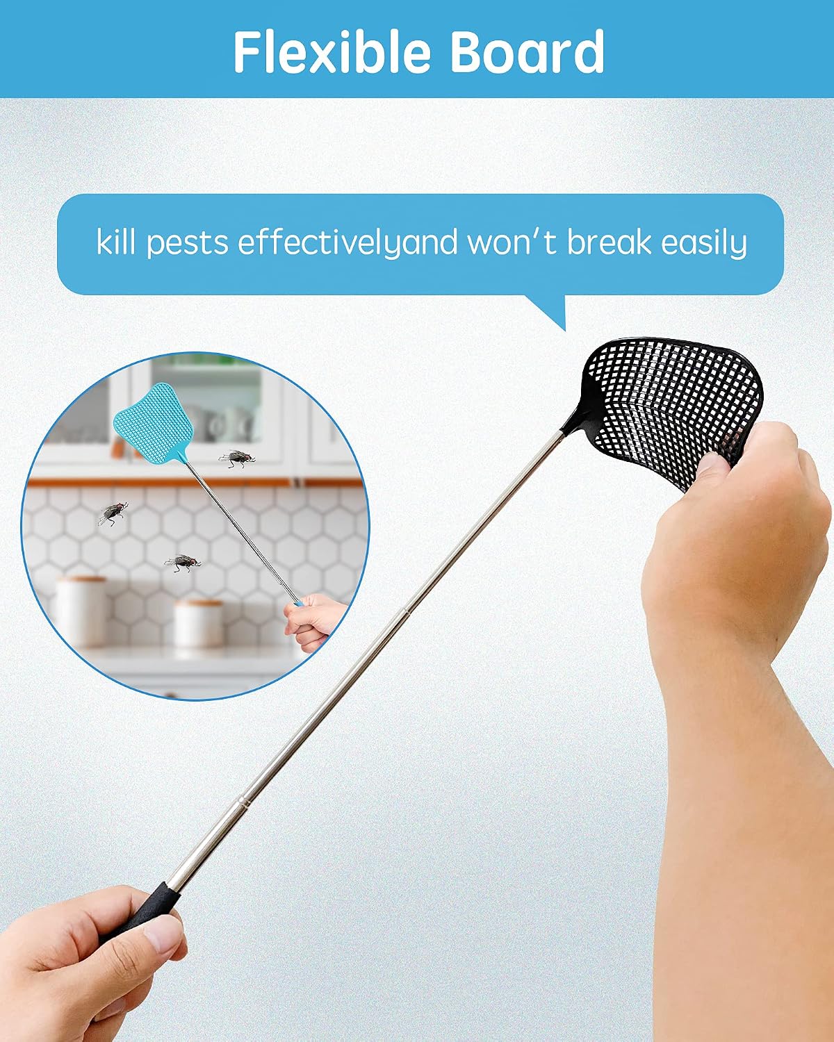 CUNCUI Fly Swatter Heavy Duty Set, with Durable Telescopic Stainless Steel Extendable Handles, for Home, Classroom and Office, 2Pcs, 2 Colors