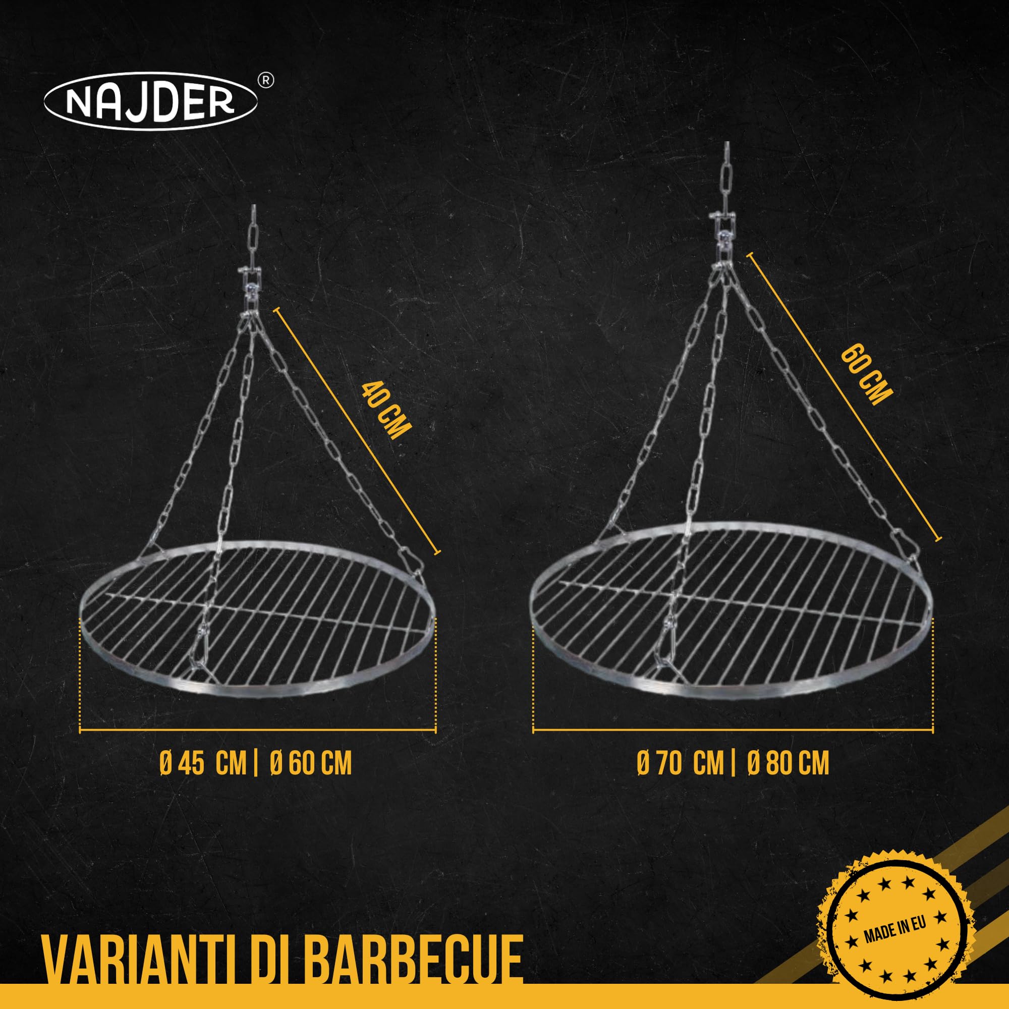 NAJDER Set griglia Rotonda in Acciaio Inox Ø600 mm con Catena sospesa Ø3 mm, Griglia per Barbecue Rotonda Girevole con Set Catena, Girevole e moschettone, per Barbecue sospeso