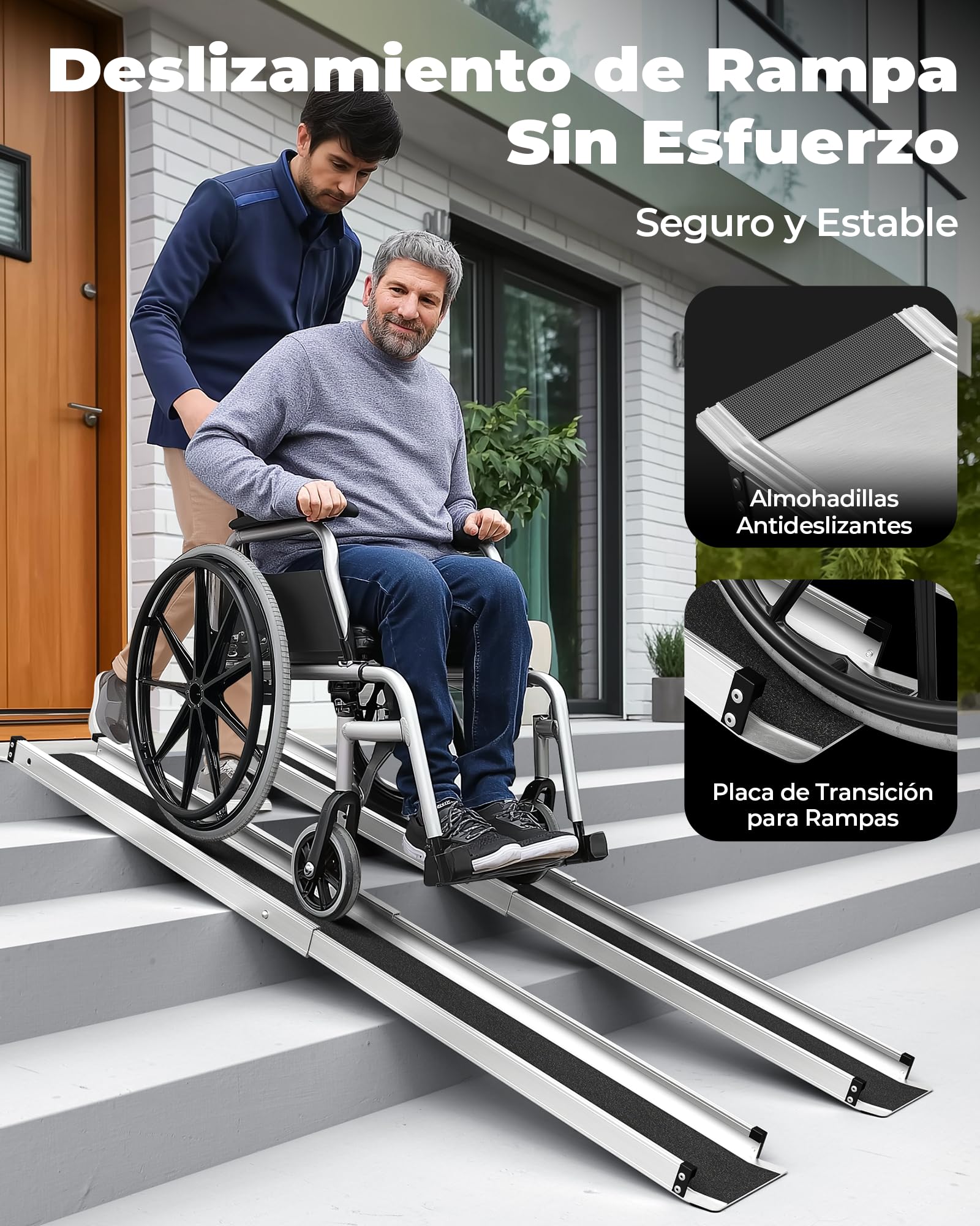 FACHNUO Rampas telescópicas para sillas de Ruedas Antideslizantes, 2 rampas de Aluminio para sillas de Ruedas de hasta 272 kg, rampa portátil con Bolsillos de Tela, rampas para escaleras