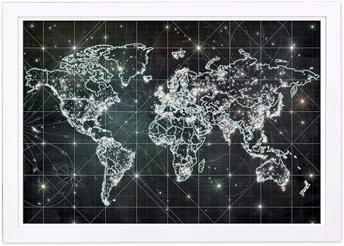 Wynwood Studio Mapas y banderas enmarcadas para pared, diseño de galaxia de Mapamundi, decoración del hogar, 19 x 13 pulgadas, negro, blanco