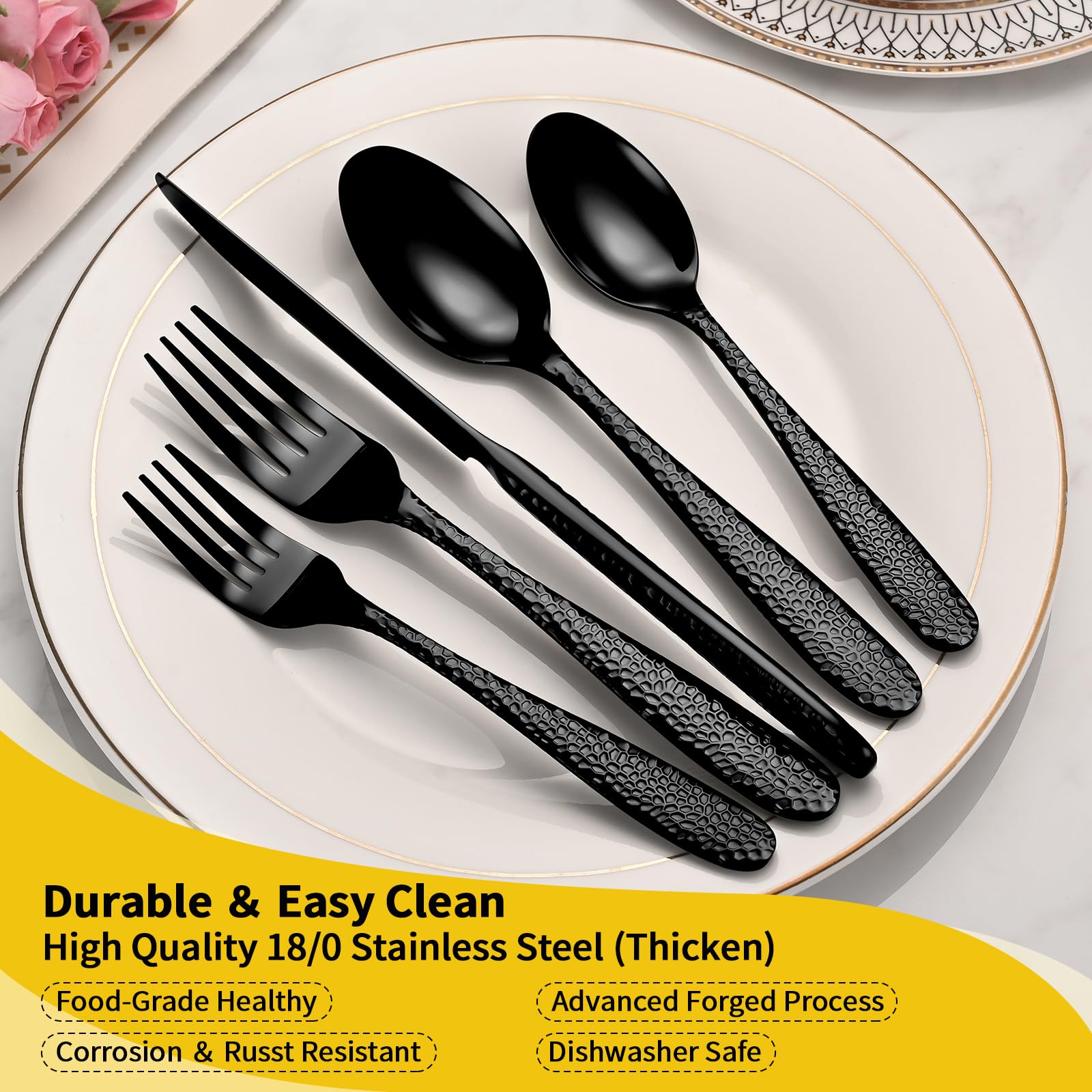 Black Hammered Silverware Set, 20-Piece Heavy Duty Stainless Steel Flatware Sets for 4, Food-Grade Cutlery Set for Home Restaurant, Mirror Polished, Dishwasher Safe — Amazon image 3