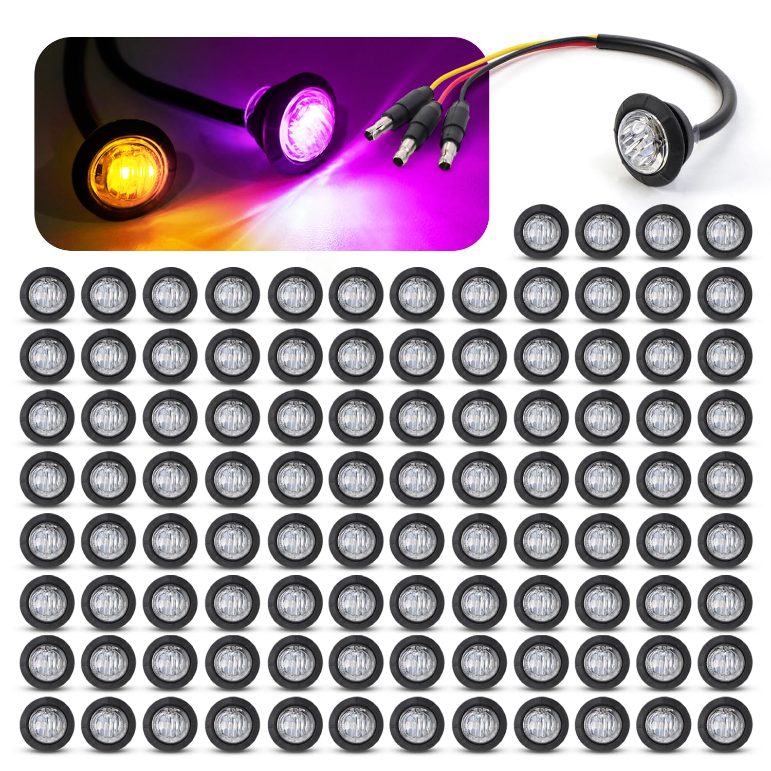 MADCATZ 100 Pcs Multi-Color 3/4 Inch Mini Round 2 LED Amber to Purple Side Marker Indicator Clearance Light Dual Colors 12V DC, 3 Wire, for Truck