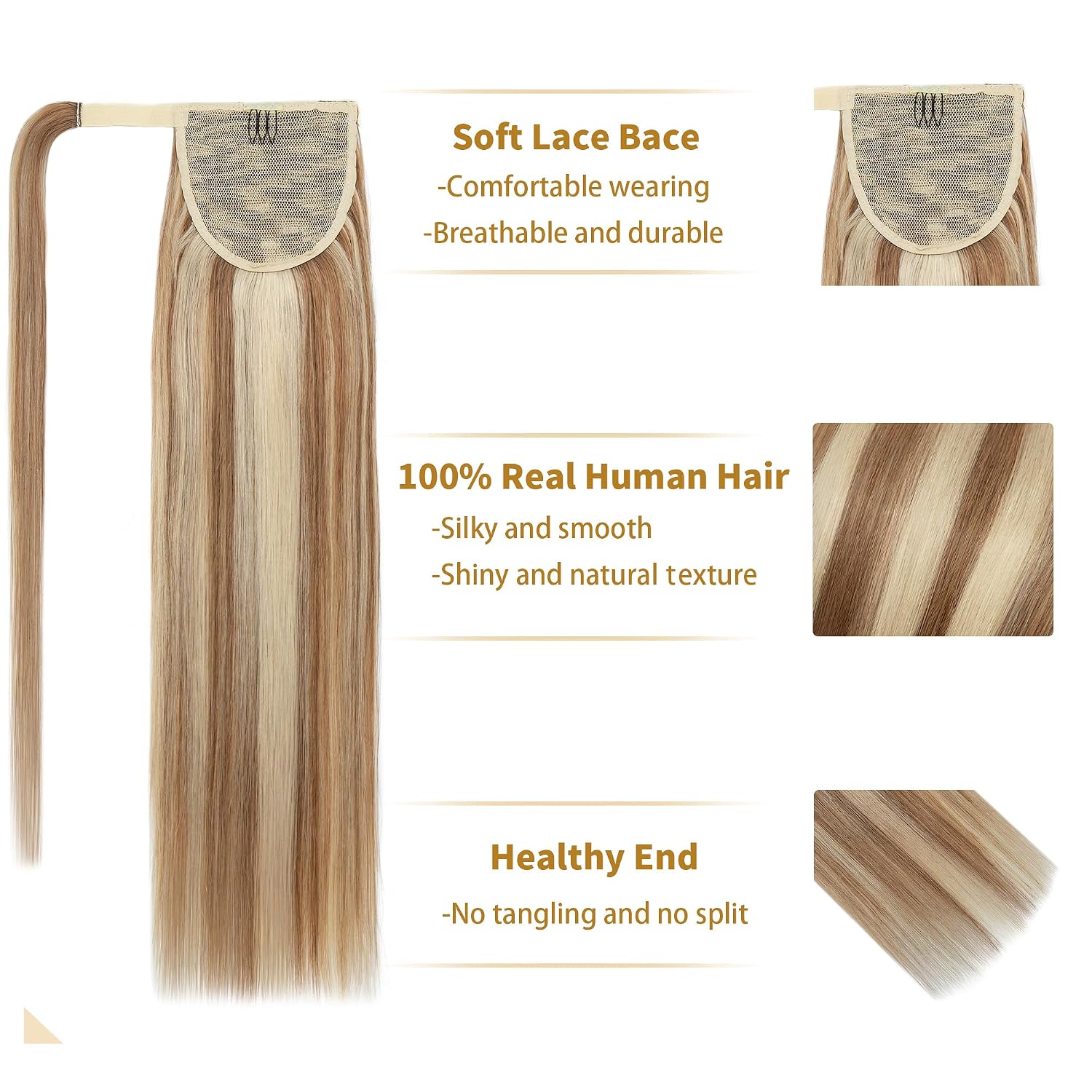 SEGO Ponytail Extension Human Hair Real Human Hair Clip In Wrap Around Long Straight Ponytail With Magic Paste Pony Hairpieces for Women /14 Inch 80g 12P613 Golden Brown&Bleach Blonde