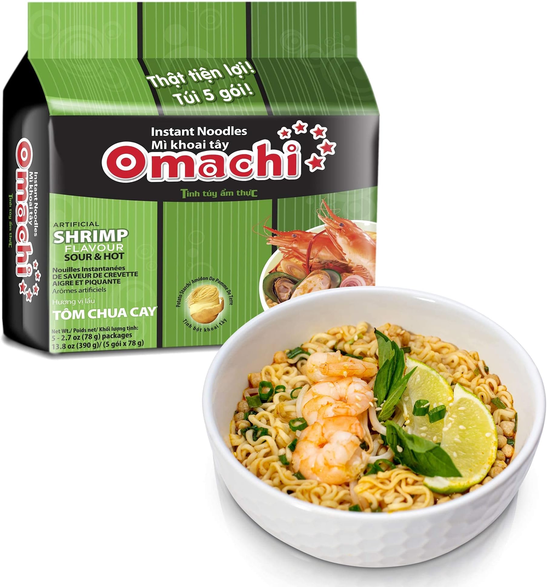 OMACHI Golden Potato Noodles - Made with Natural Ingredients - Superior (Hot & Sour Shrimp, Pack of 30)