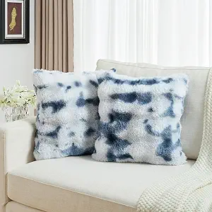 FUTEI Blue White Decorative Throw Pillow Covers 20x20 Inch Set of 2,Soft Fuzzy Faux Rabbit Fur Cushion Covers with Raised Texture,Neutral Boho Home Decor for Couch Bed Living Room