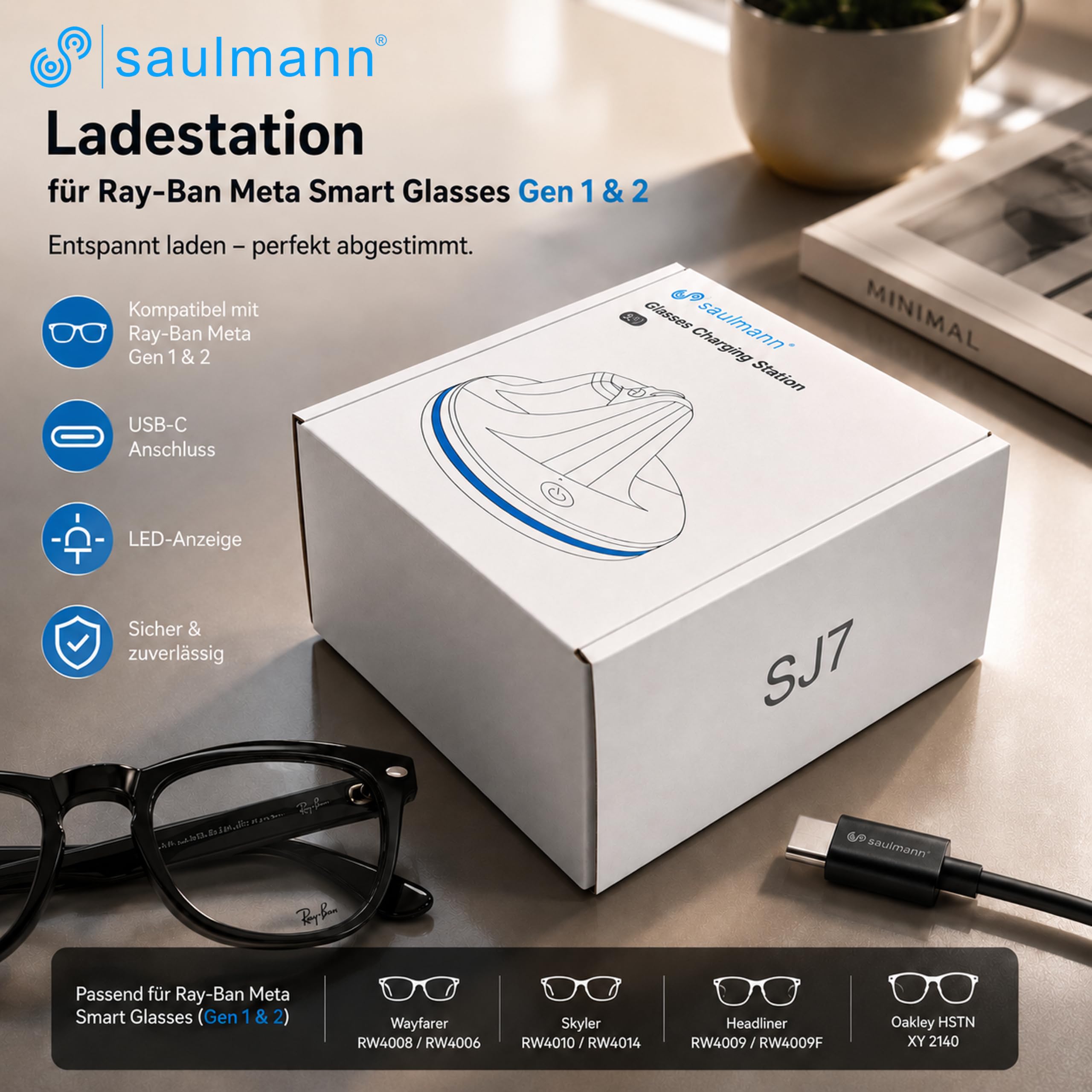 Saulmann Stazione di ricarica e cavo compatibile con Ray-Ban Meta Smart Glasses Gen 1 & 2 con indicatore LED USB-C. Incl. 2 x LED Blocker - SJ7 BIANCO