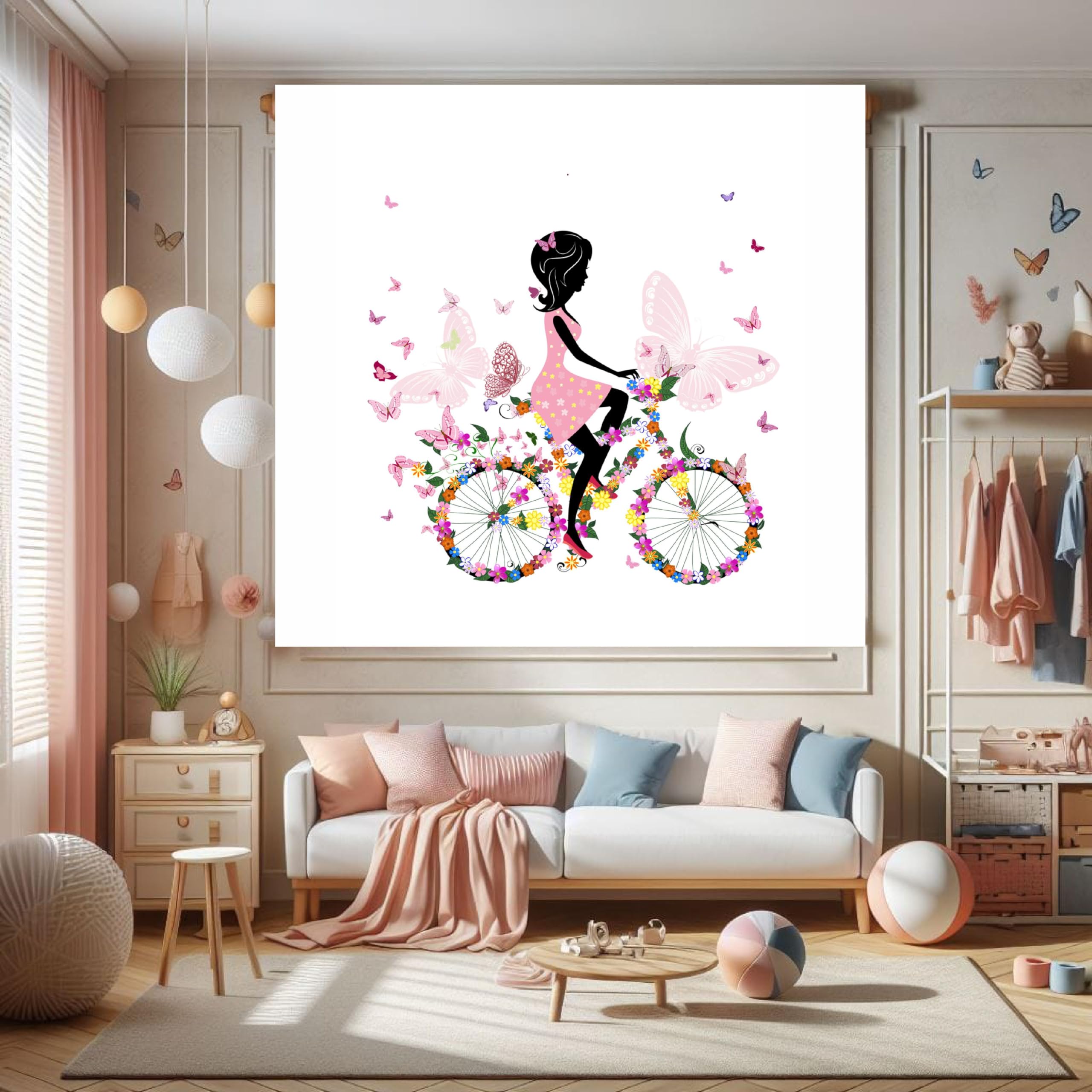 Estor Enrollable Juvenil o Infantil para Chicas “Bicicleta y Mariposas” – Tejido Translúcido Premium, Hecho a Mano en España (40x60)