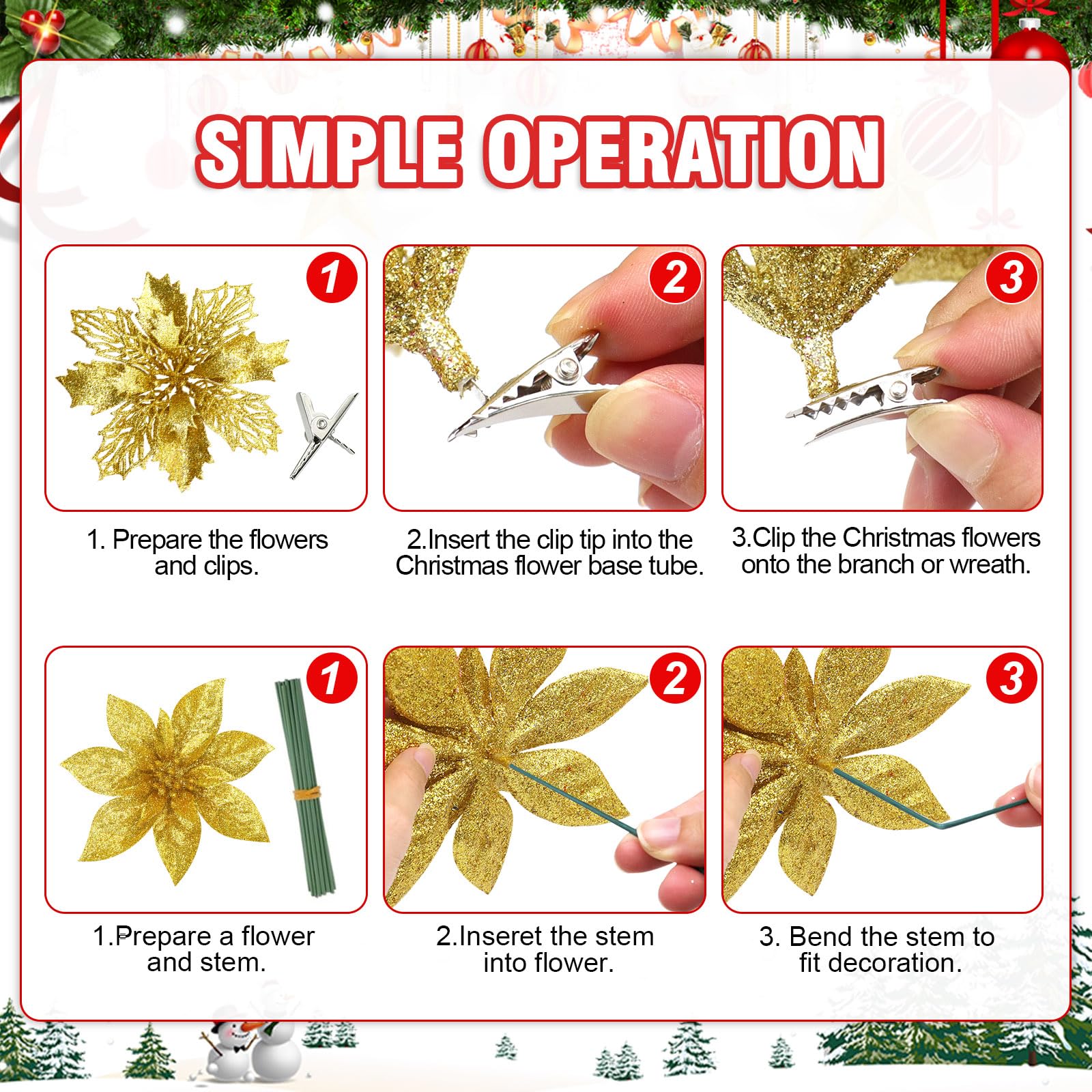 Yueshop Künstliche Weihnachtssterne, Glitzer, Weihnachtsstern, Weihnachtsbaumschmuck, Clips, Glitzer, künstliche Blätter, Beerenstiele für Hochzeit, Party, Kranz, Girlande, Weihnachtsbaumdekoration,