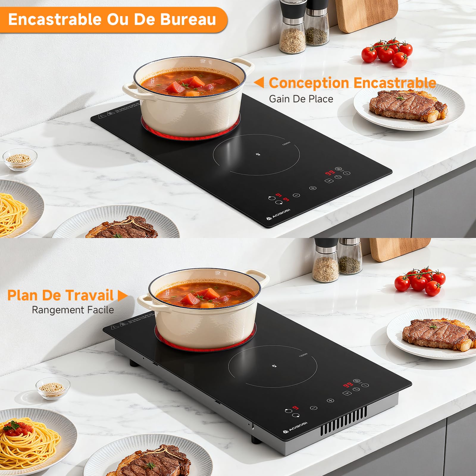 Aobosi Plaque Vitrocéramique 2 Feux, Plaque de Cuisson Encastrable en Céramique avec 9 Niveaux de Puissance, Commande Tactile, Fonction Pause,Sécurité Enfants, Timer 99 min, 3000 W