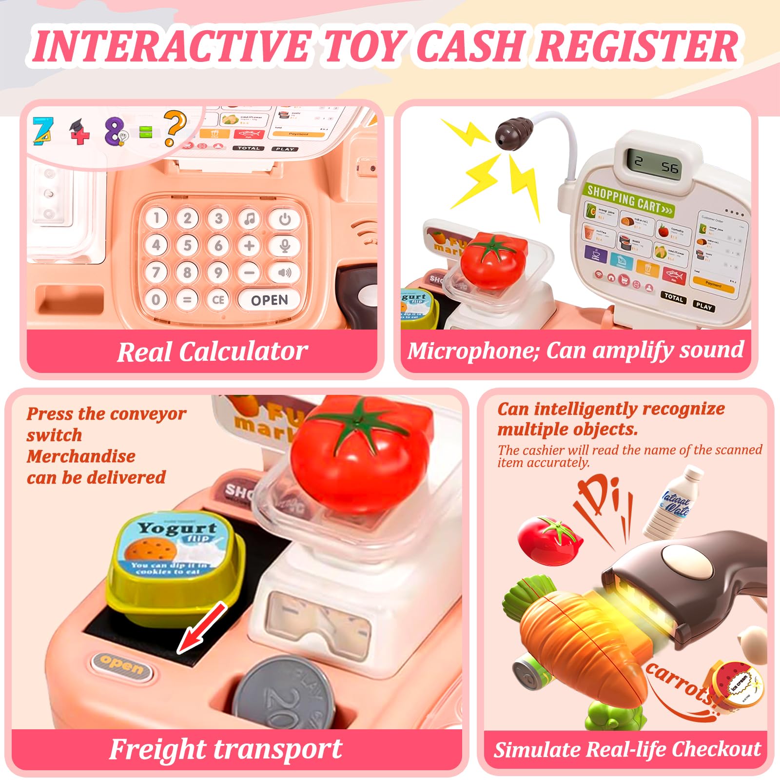 Jouet Caisse Enregistreuse pour Enfants avec Scanner et Son, Caisse de Magasin Jouet, 72 Accessoires (Calculatrice, POS, Argent Fictif, etc.) & Musique, Jeu de Rôle pour Garçon Fille de 3+ Ans