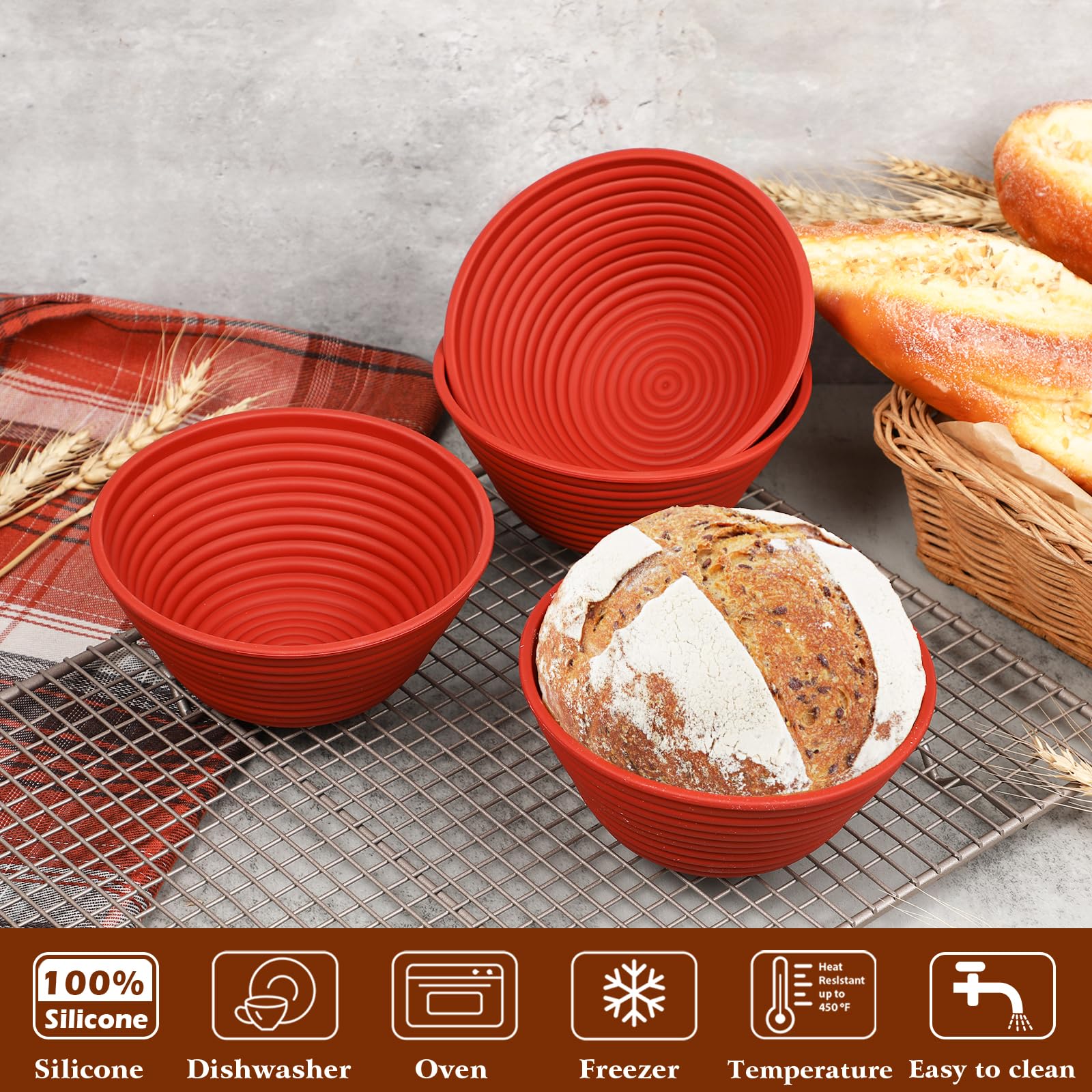 Webake Set di 4 cestini per la fermentazione per il pane, rotondi, in silicone, da 13 cm, per la cottura del pane