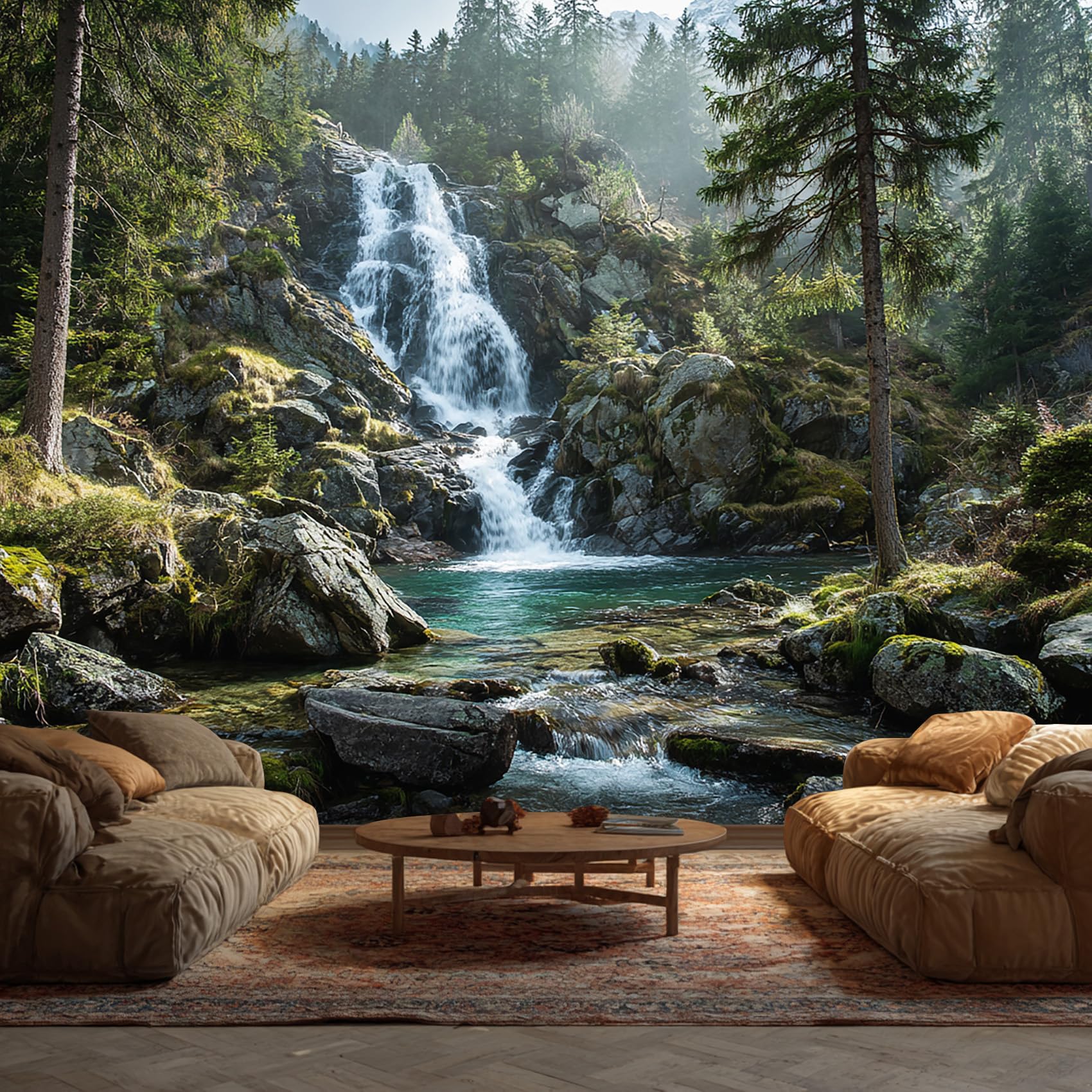 Forest Wallpaper, Jungle Landscape Waterfall Mural Wallpaper, Forest Room Decor Wall Art for Living Room Bedroom Kitchen 260L x 175W cm