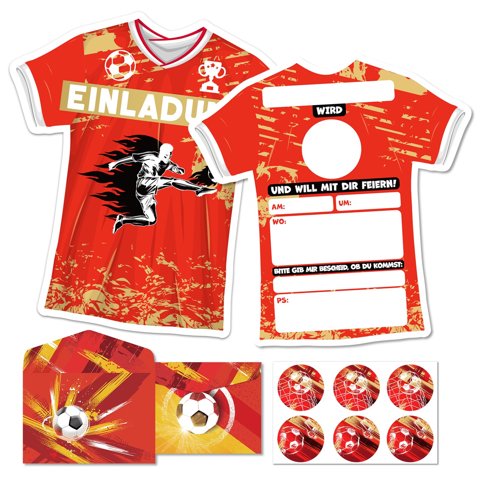 Einladungskarten Kindergeburtstag Junge - 12x Fussball Einladungskarten Kindergeburtstag +12 Umschläge+12 Aufkleber,Coole Fußball Einladung im ausgefallenen Trikot Design,für Sport- und Fußballpartys