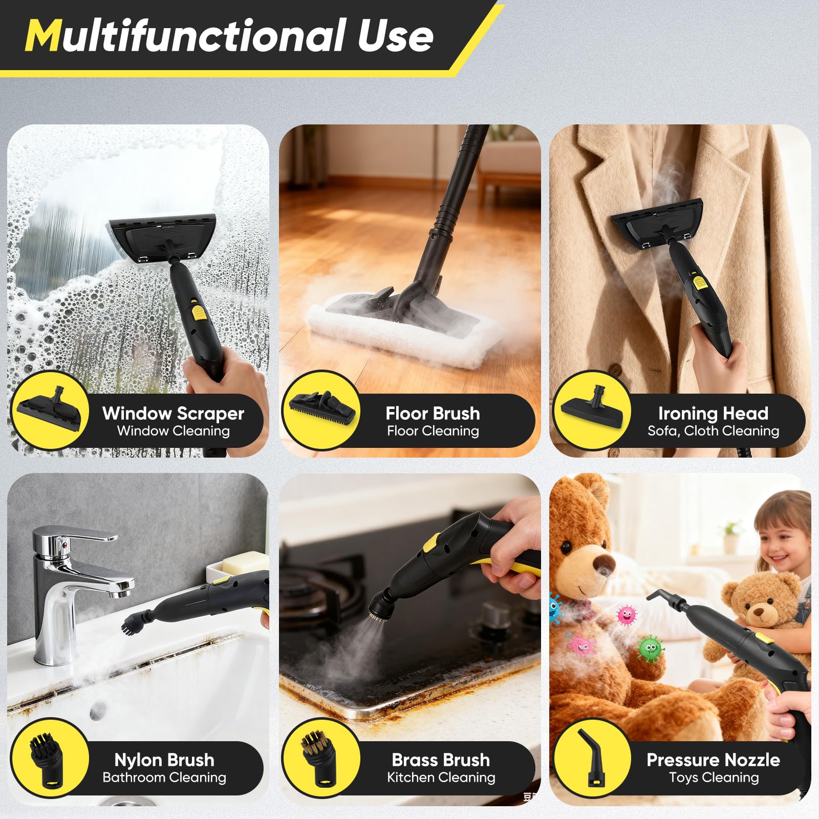 Limpiador de vapor, 2100 W, calentador rápido a 320 °F de alta temperatura, depósito de agua de 2,1 l, limpiador a vapor de mano para muebles de cocina, baño, coche, suelo, sofá con 19 accesorios