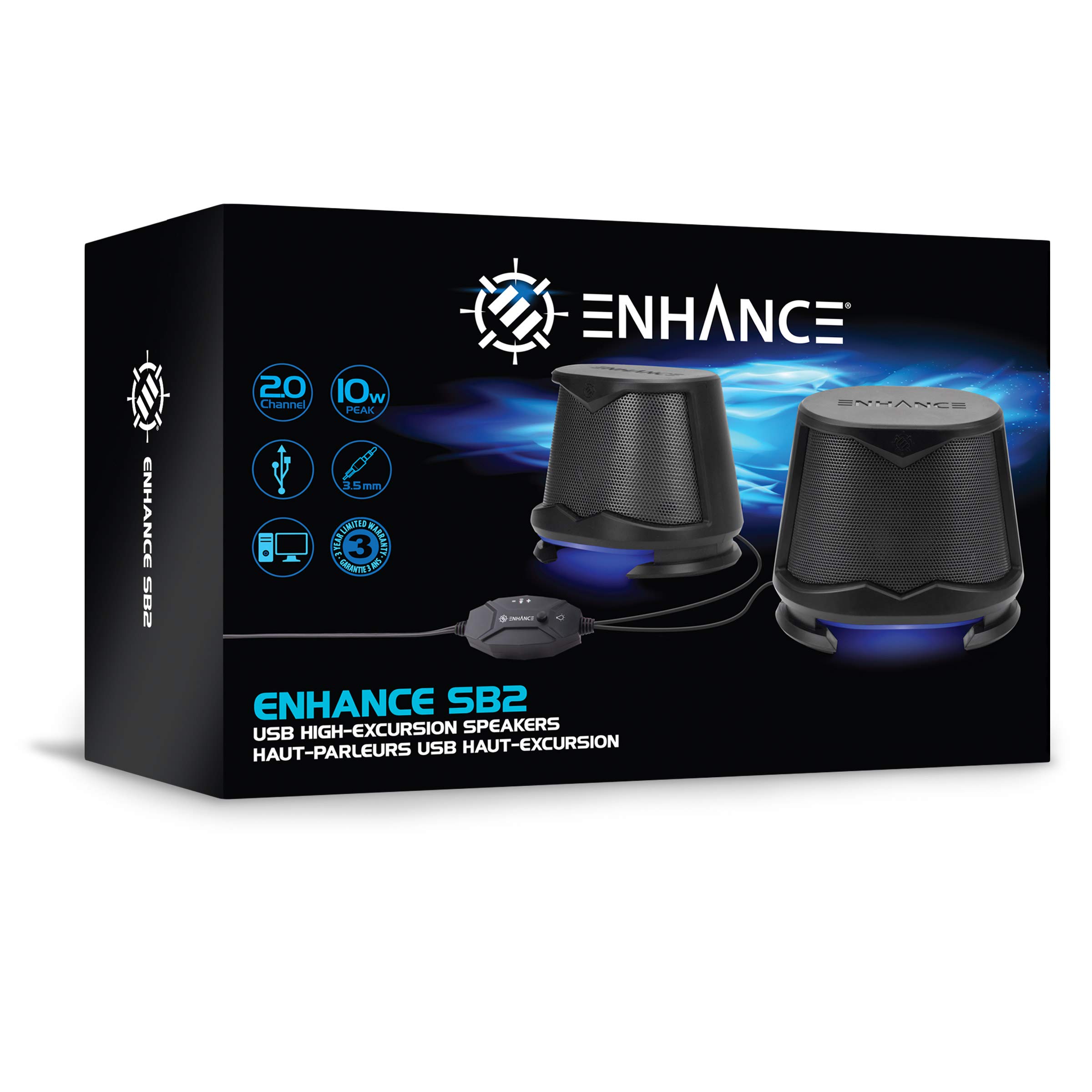 ENHANCE SB2 Haut-parleurs pour PC avec lumières LED Bleues et Design alimenté par USB 2.0 – Son de crête de 10 W, Connexion Filaire de 3,5 mm, contrôle du Volume en Ligne – Compatible avec Ordinateur