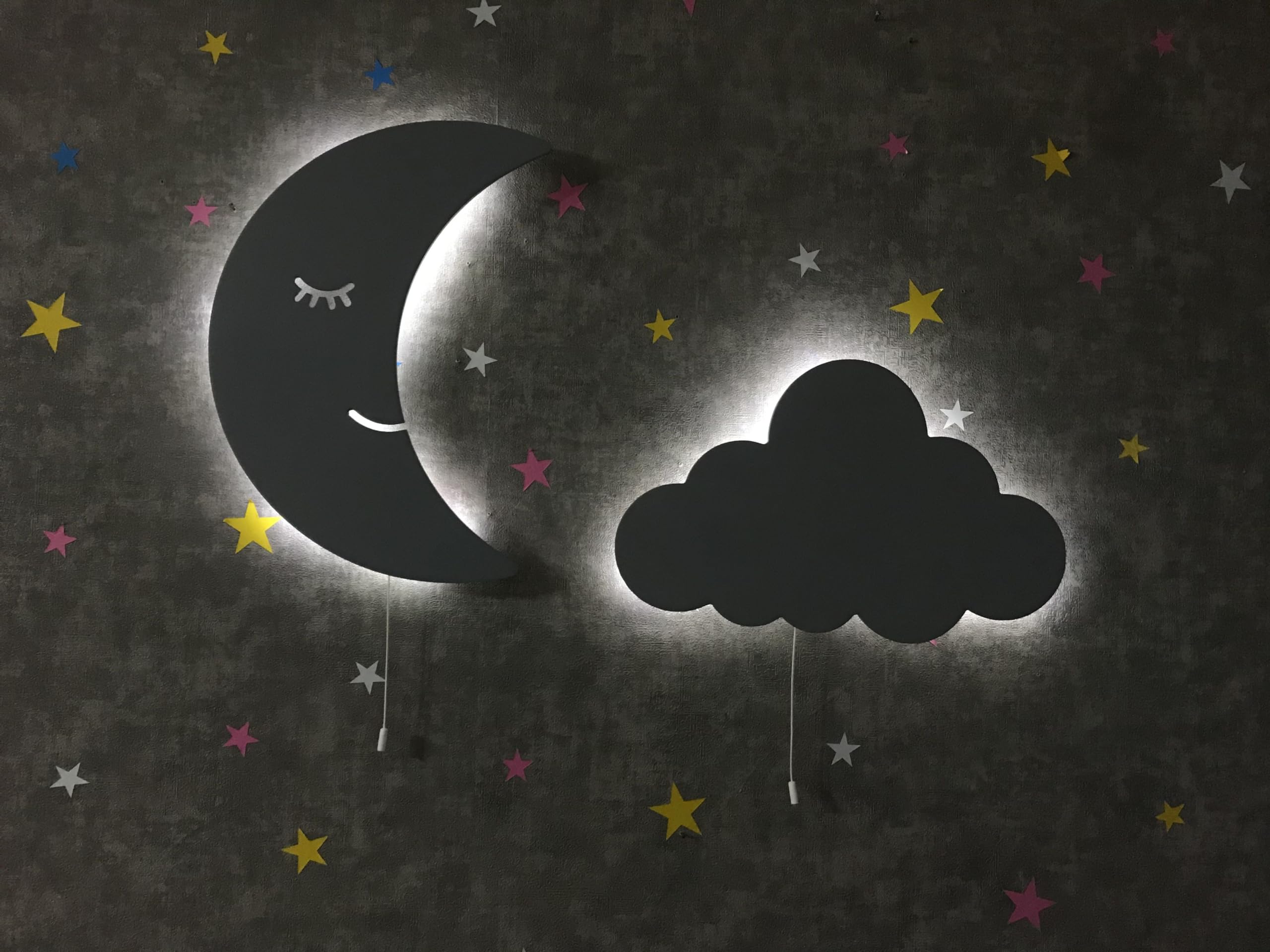 Juego de 2 luces nocturnas de luna y nube para niños, inalámbricas, funciona con pilas, decoración para guardería y habitación de niños, luz nocturna LED suave para bebé, lámparas de pared colgantes