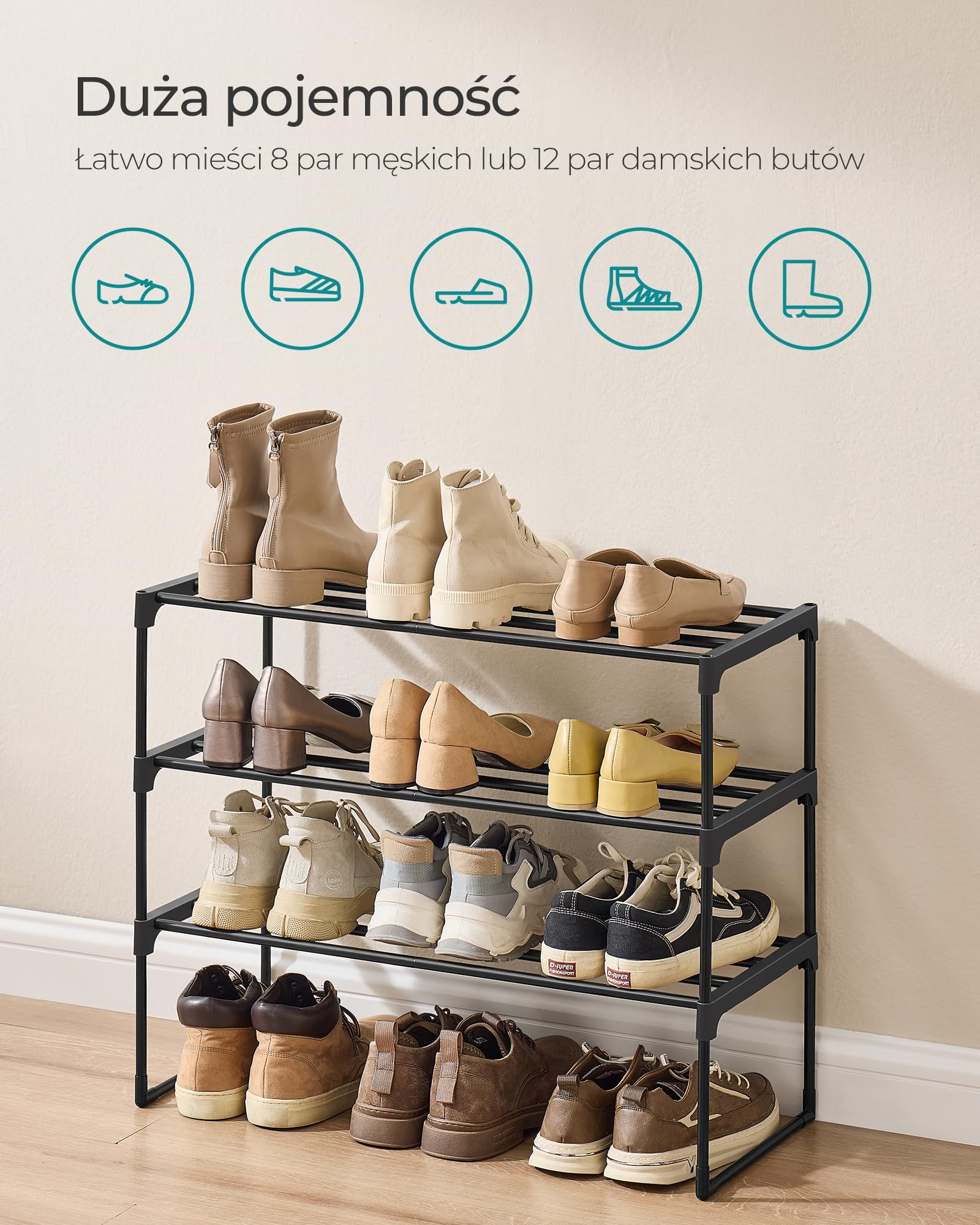 SONGMICS 3-poziomowy stojak na buty, metalowy organizer na buty, pionowy lub do góry nogami, na 8-12 par butów, 30 x 68 x 55 cm, czarny LSA203B01