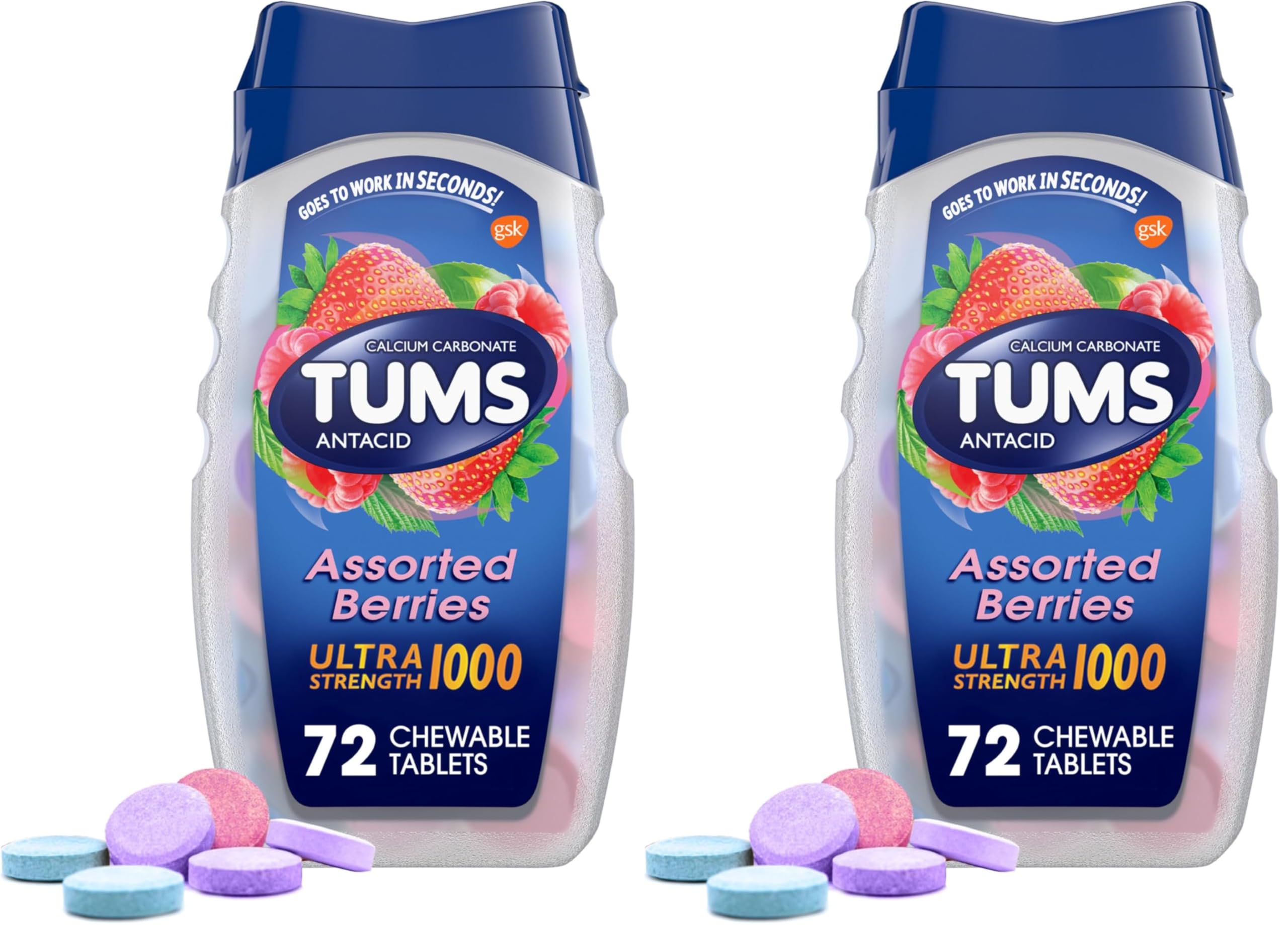 TUMS Ultra Strength Chewable Antacid Tablets for Heartburn Relief and Acid Indigestion Relief, Assorted Berries - 72 Count (Pack of 2)