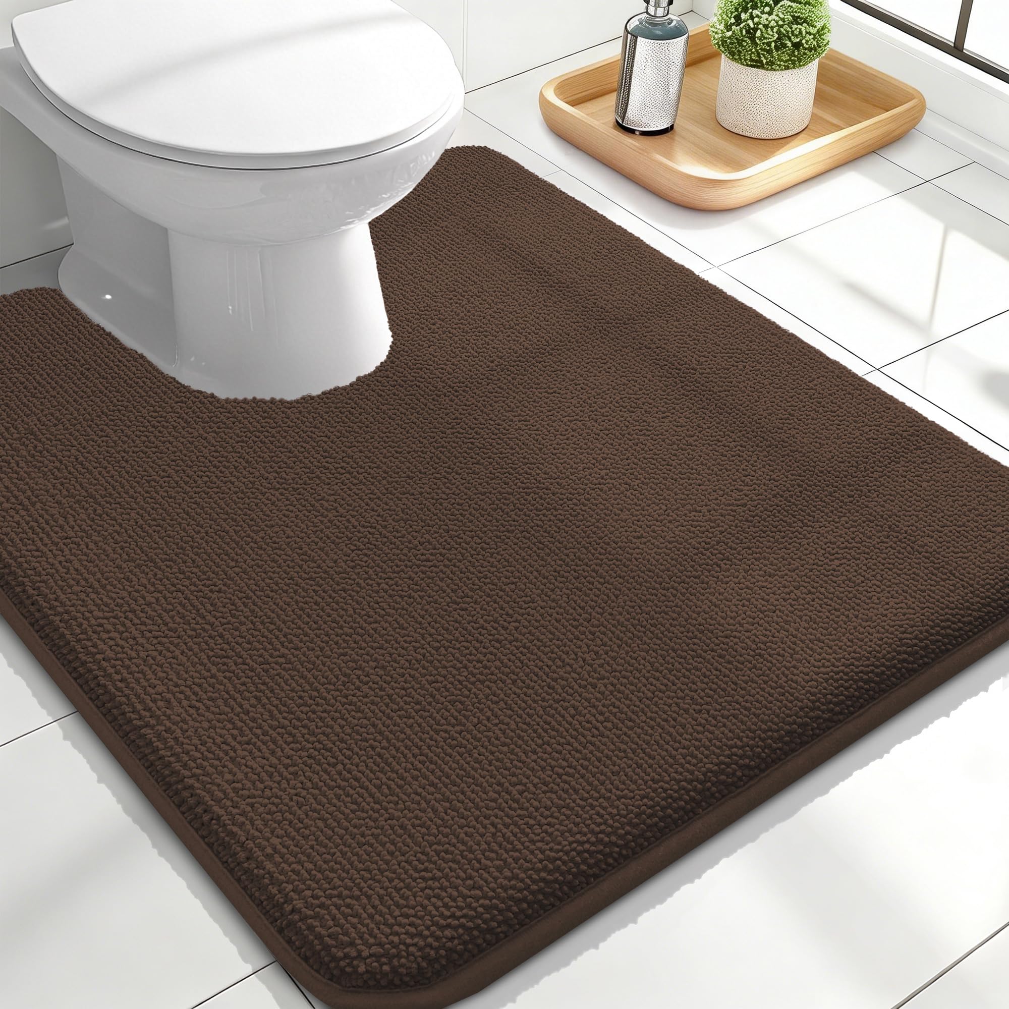 OLANLY Memory Foam Bathroom Toilet Rug U-Shaped 24x20, Absorbent Mat, Brown