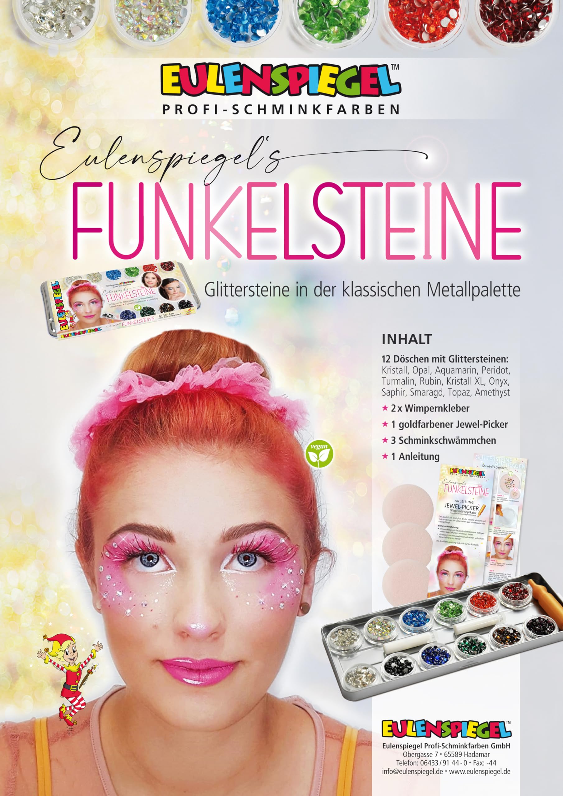 Eulenspiegel 212295 - Glitzersteine fürs Gesicht, Metallpallette, 12 x 2,5 g, inklusive Applikator, Wimpernkleber, Schwämmchen, für Festivals, Karneval