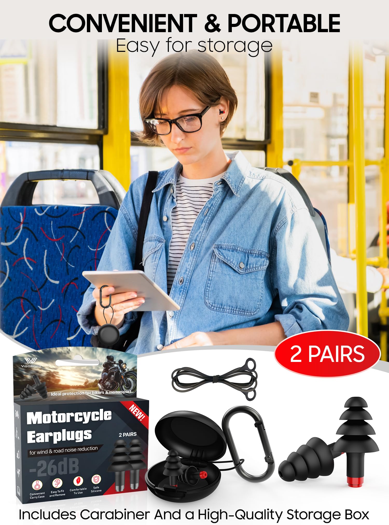Tapones para los oídos de motocicleta para reducción del ruido del viento, tapones de silicona reutilizables con filtro para viajes largos, protección auditiva de 26 dB con cable de seguridad y funda