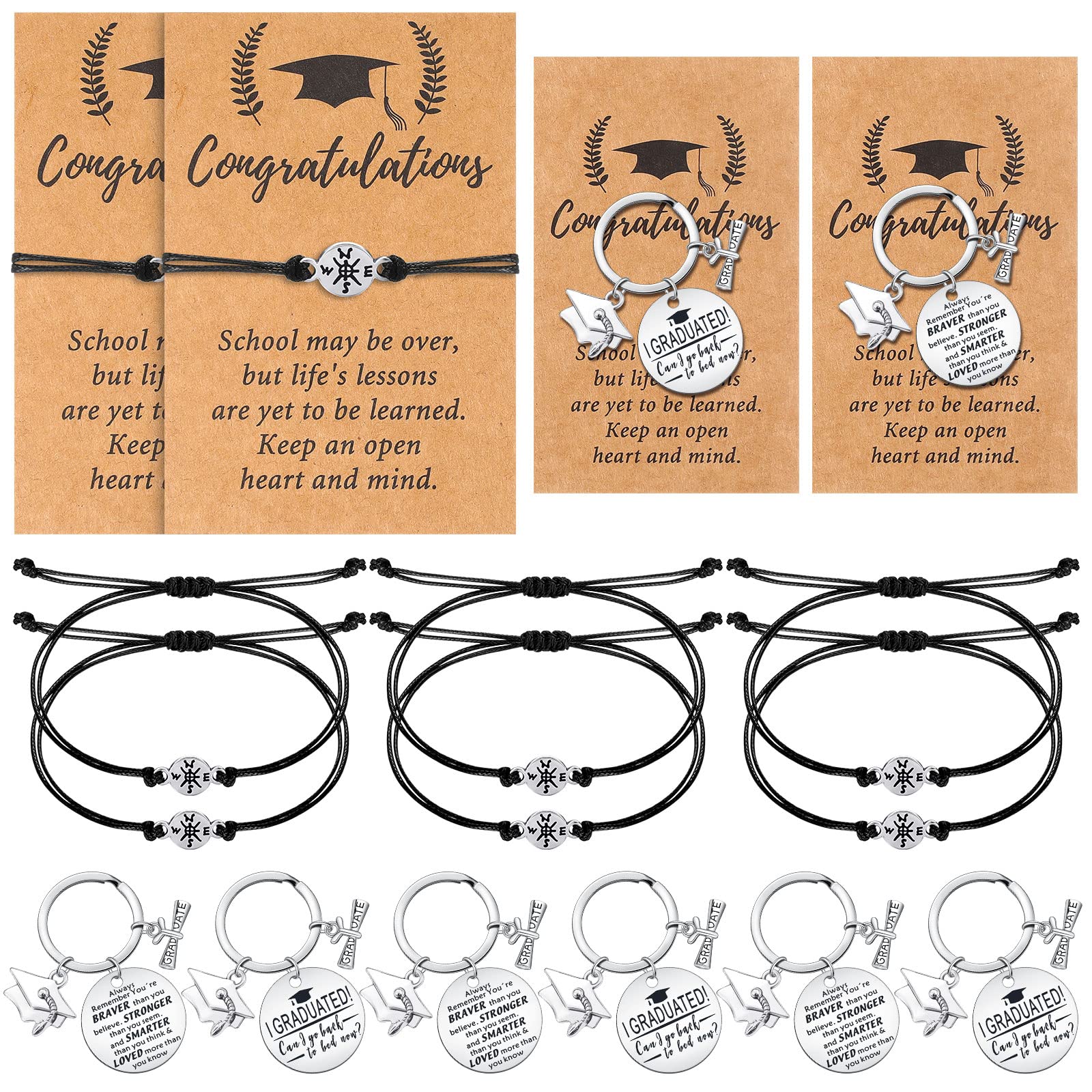 Yinkin 16 Set Graduation Gifts Bulk Includes 8 Pcs Compass Bracelets and 8 Pcs Graduation Keychain Class of 2026 Graduation Souvenir Gifts for