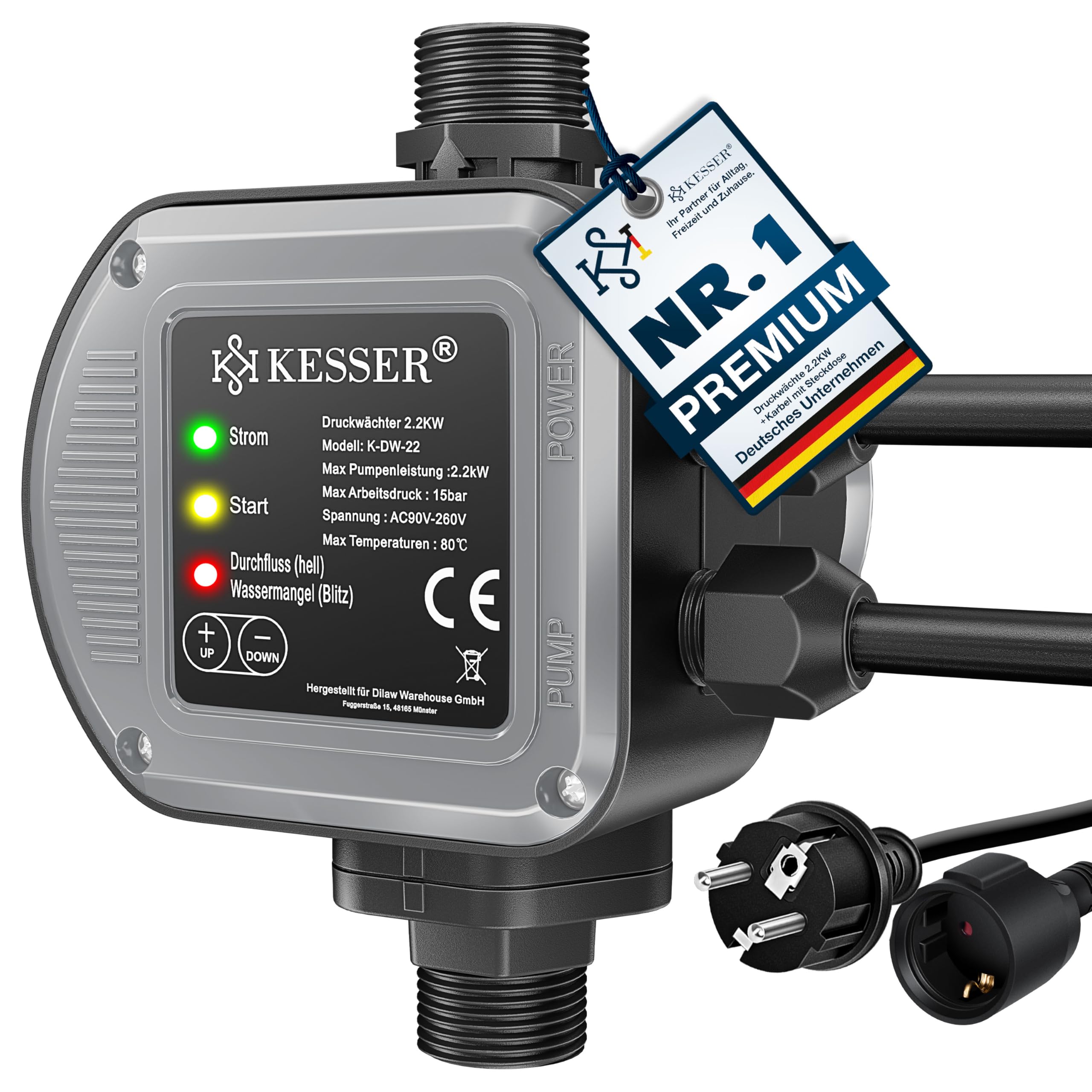 KESSER® Druckwächter Druckschalter | bar Pumpensteuerung | Hauswasserwerk | Gartenbewässerung | Mit Kabel | konstanter Wasserdruck | Garten & Haus | automatisches Ein- und Ausschalten, Anthrazit