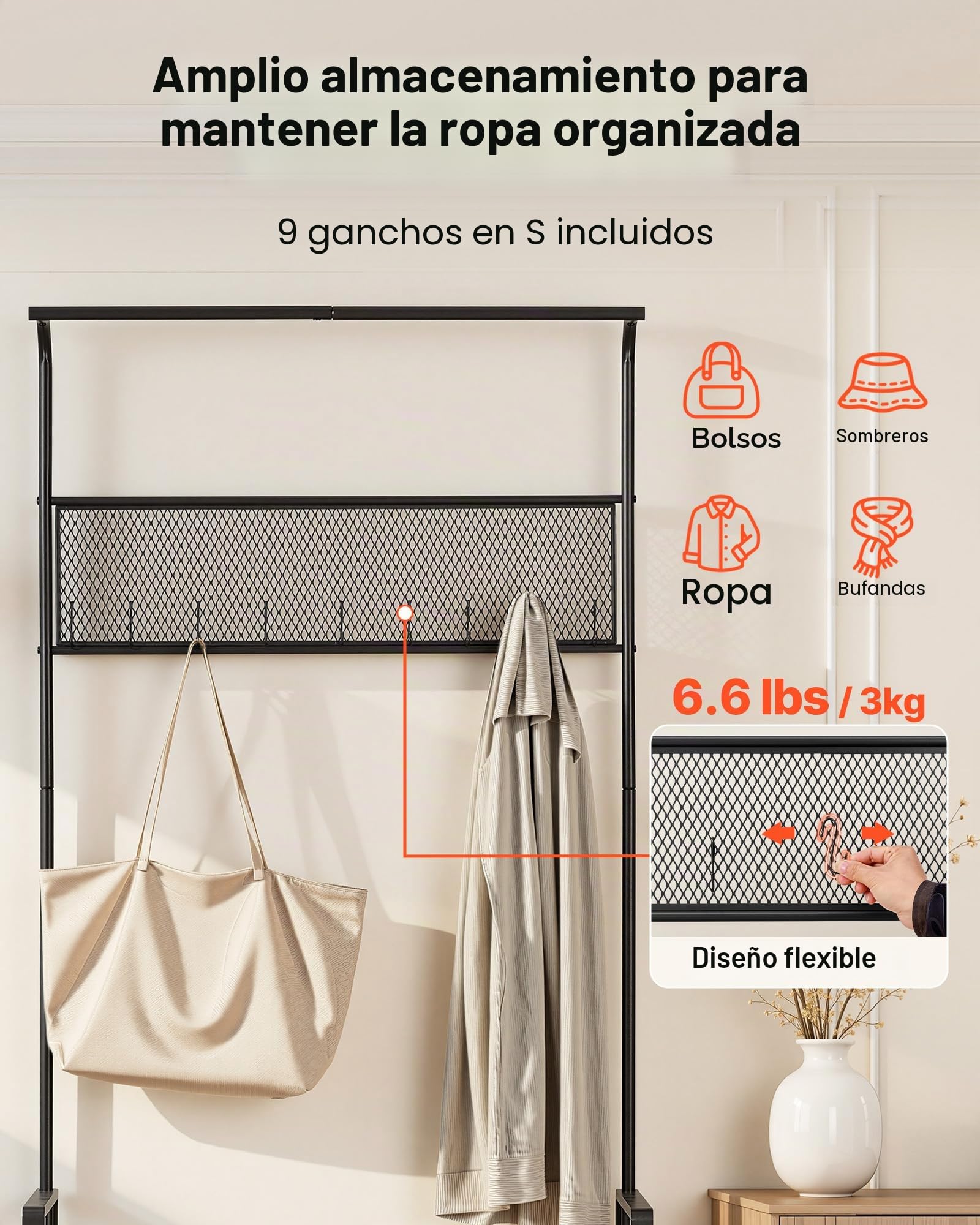VEVOR Perchero de Pie 183 cm, Organizador de Ropa con Ganchos Banco Zapatero Estantes y Barra Superior, Recibidor de Entrada para Bolso Abrigo Calzado, Armario Abierto para Pasillo Dormitorio Salón