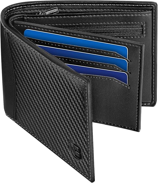Mens Wallet, BIAL RFID Blocking Wallet Bifold Leather Wallets Mens, Slim Wallet with ID Window Zip Coin Pocket 9 Card Holder and 2 Banknote Compartments, Mens Wallets Card Wallet with Gift Box Black