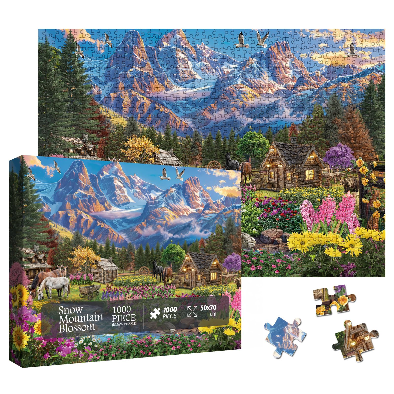 Pretty Scenic Nature Landscape Jigsaw Puzzle 1000 Piece for Adult, Beautiful Sunflower Colorful Flower Jigsaw Puzzles, Funny Horse Aesthetic Plant Puzzle