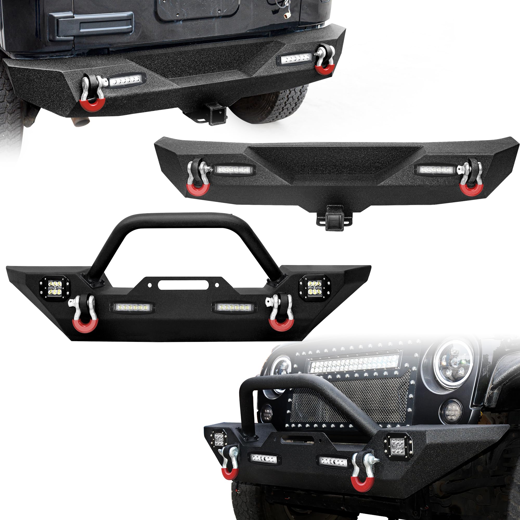 LEDKINGDOMUS Front& Rear Bumper Compatible 07-18 Jeep Wrangler JK &Unlimited Rock Crawler 4X LED Lights w/Winch Plate D-rings, 2x LED Lights & 2" Hitch Receiver, Black, length 61.54" for jk