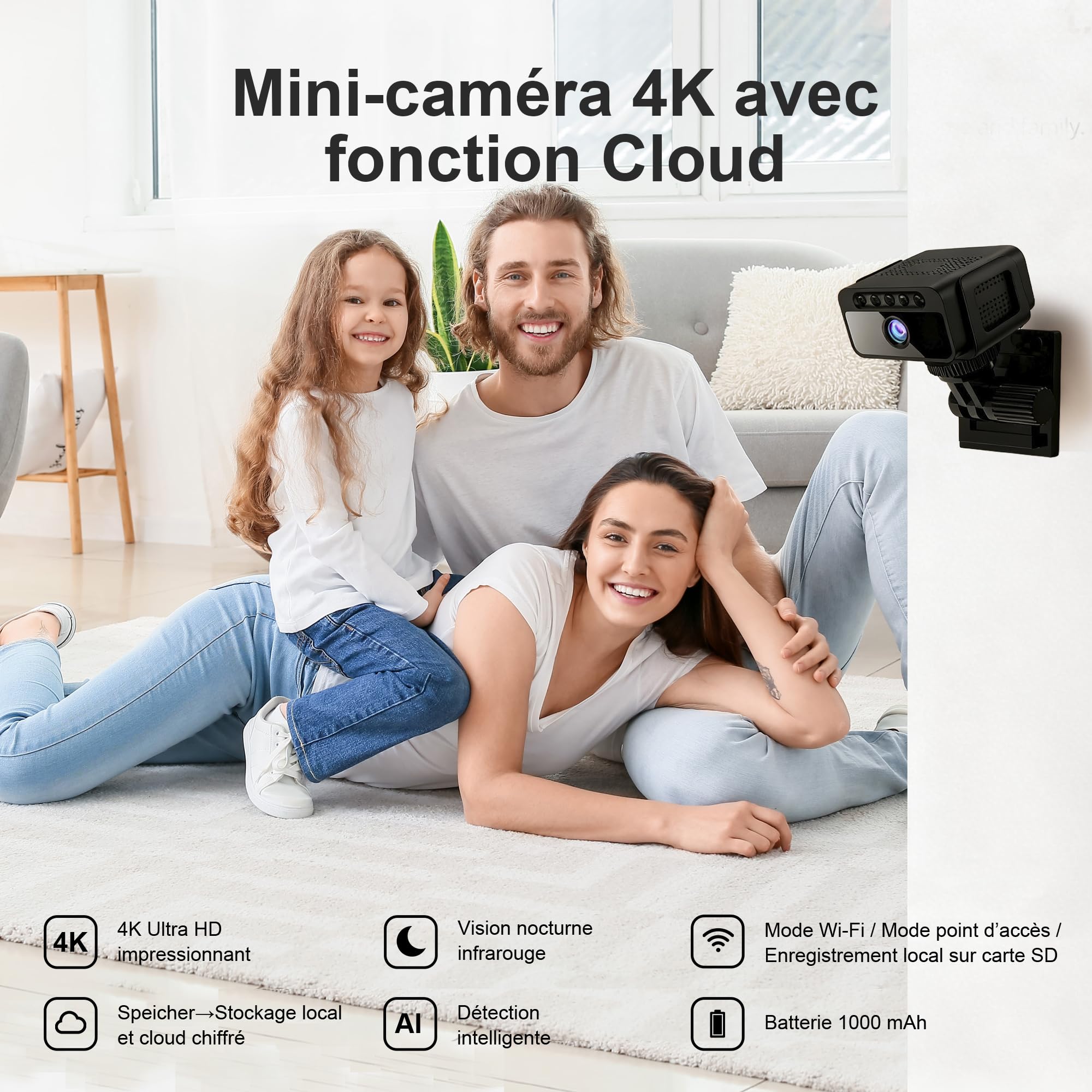 AOBOCAM Caméra Espion WiFi 4K avec Cloud Surveillance Intérieure sans Fil Vision Nocturne Grand Angle 150° Détection de Mouvement IA Mini Caméra de Sécurité