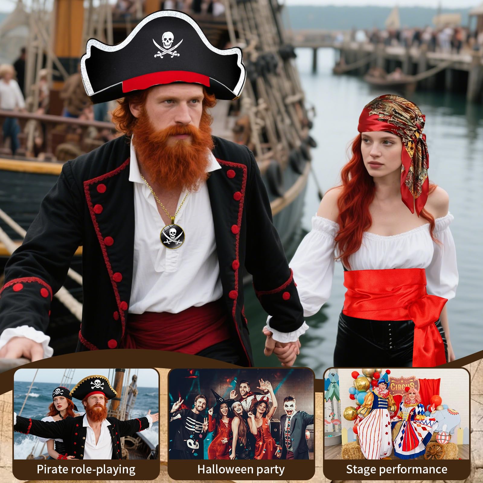 Ninnyi 8PCS Pirate Accessories Set for Women Pirate Costumes Adult with Headscarf Sash Belt Bracelet Hat Earring Ring Eye Patch Necklace - Image 3