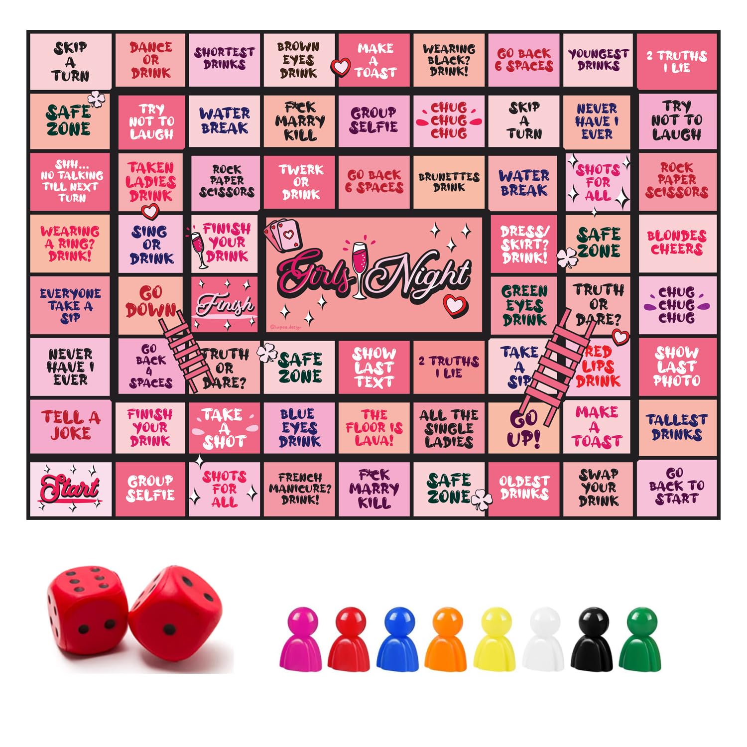 Girls Night in Drinking Board Game with Dice and Pawns Pink