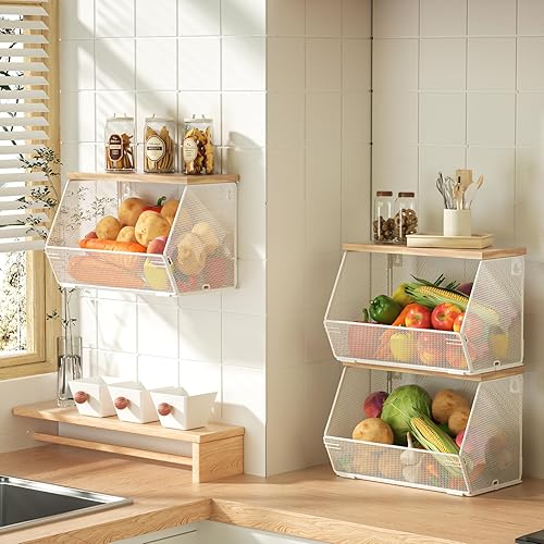 Miniatura 9 de Cesta colgante de frutas con tapa de madera, paquete de 2 organizadores apilables para encimera de cocina, almacenamiento de cebollas y papas, cesta