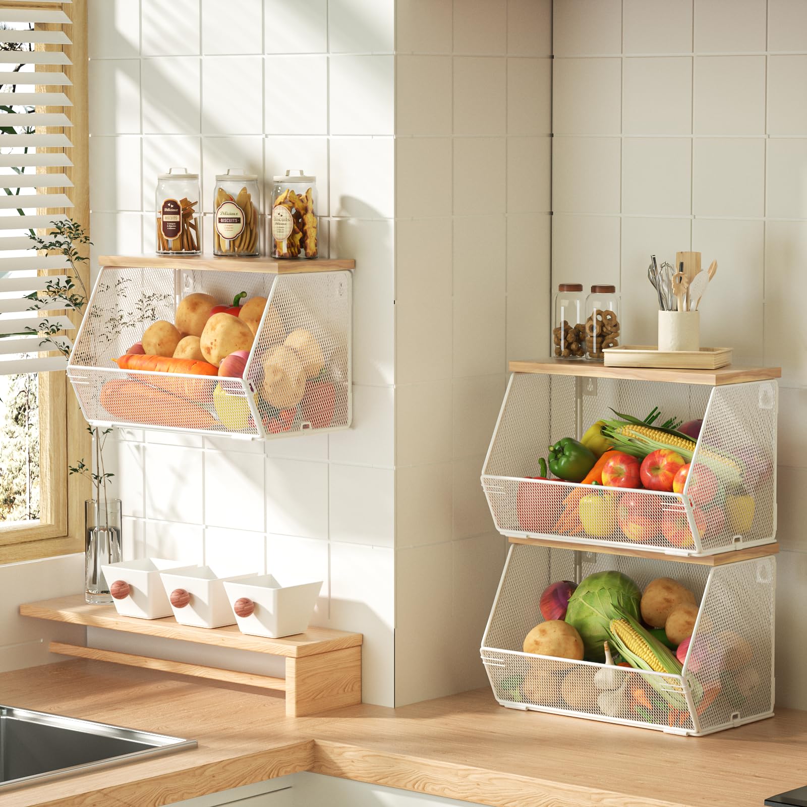 Obstkorb fr die Kche, stapelbare Obstschale fr Kartoffel- und  Zwiebelaufbewahrung, wandmontierter Drahtkorb mit Holzdeckel fr Obst- und  Gemseaufbewahrung, hngende Speisekammer-Aufbewahrung, : Amazon.de: Kche,  Haushalt & Wohnen